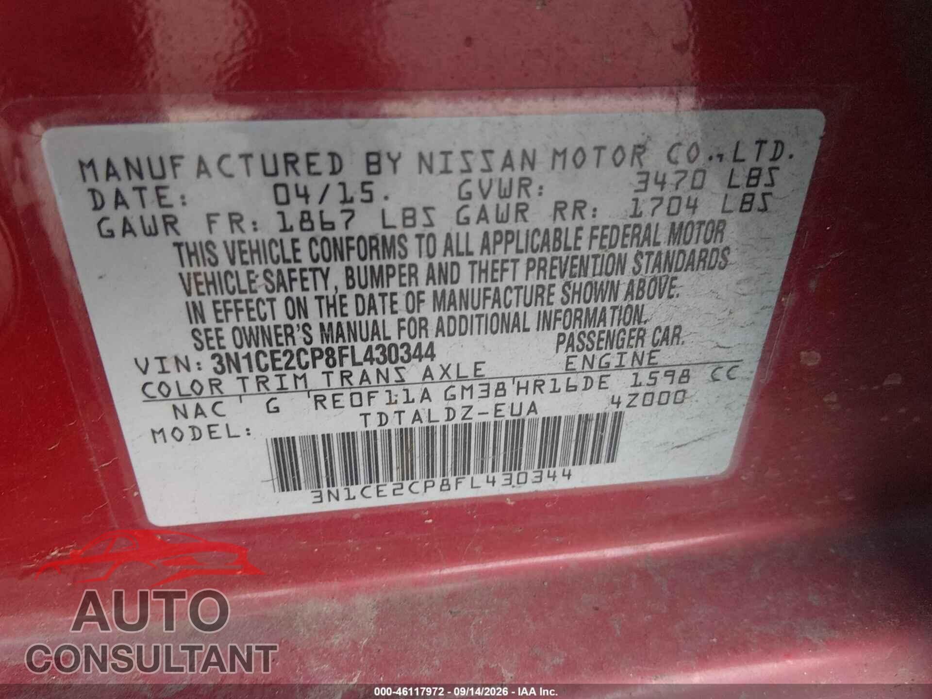NISSAN VERSA NOTE 2015 - 3N1CE2CP8FL430344