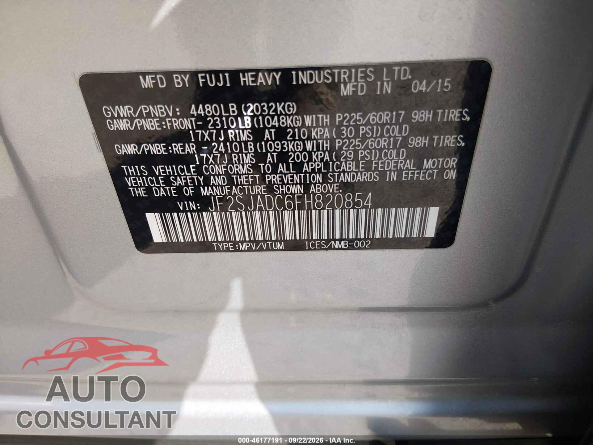 SUBARU FORESTER 2015 - JF2SJADC6FH820854