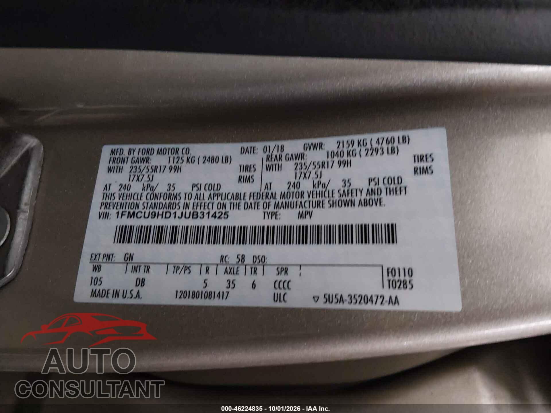 FORD ESCAPE 2018 - 1FMCU9HD1JUB31425