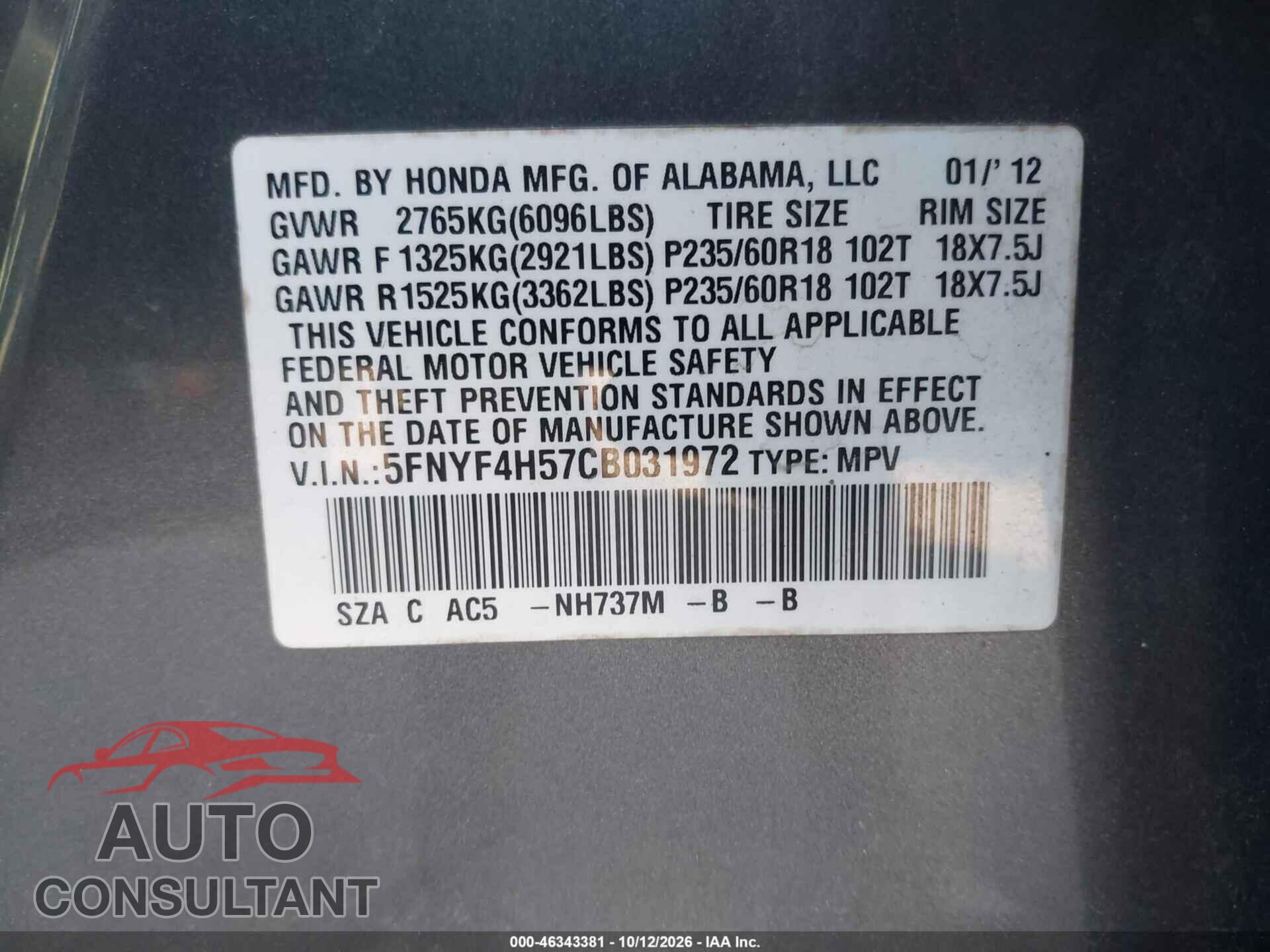 HONDA PILOT 2012 - 5FNYF4H57CB031972