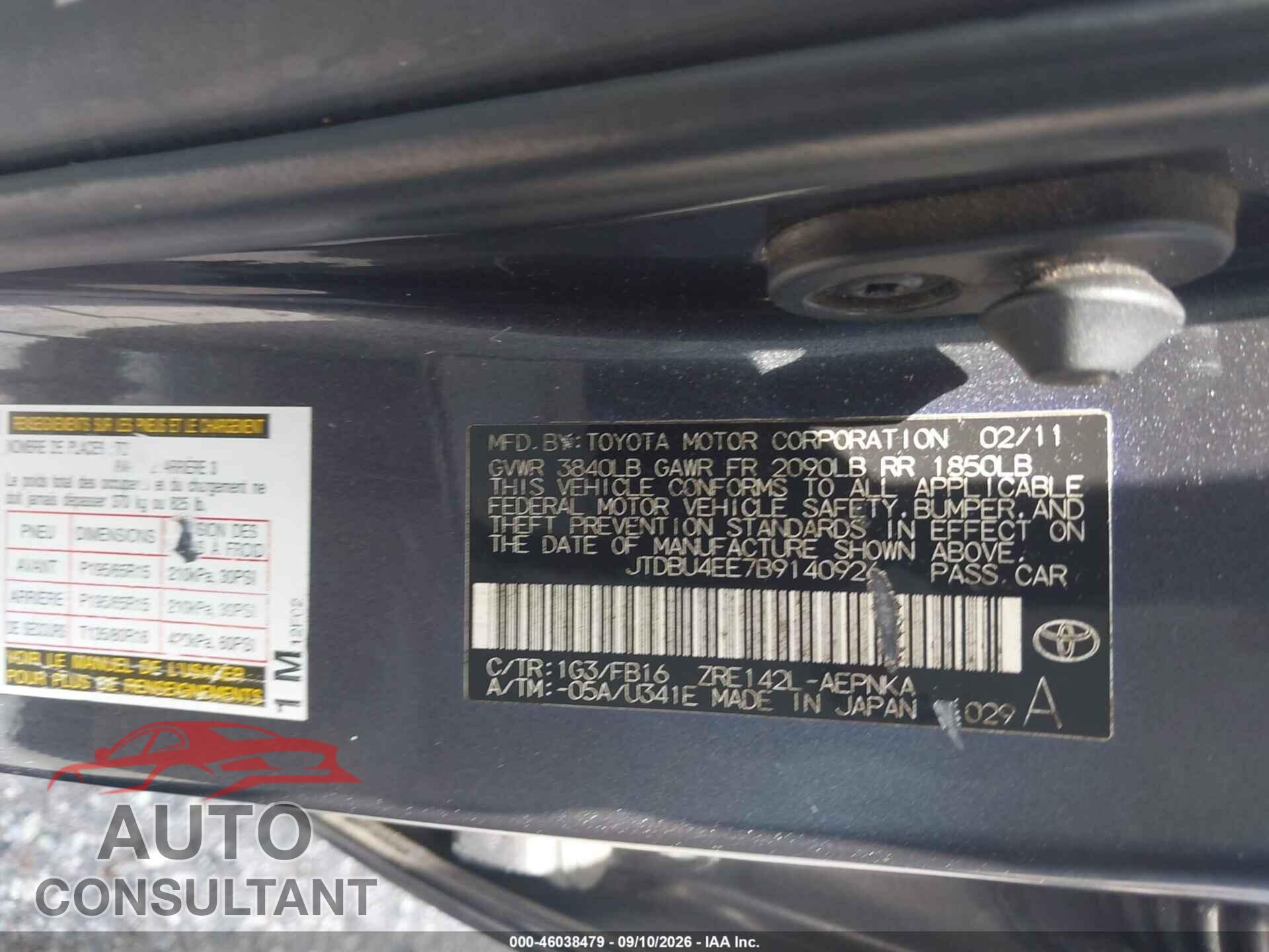 TOYOTA COROLLA 2011 - JTDBU4EE7B9140926