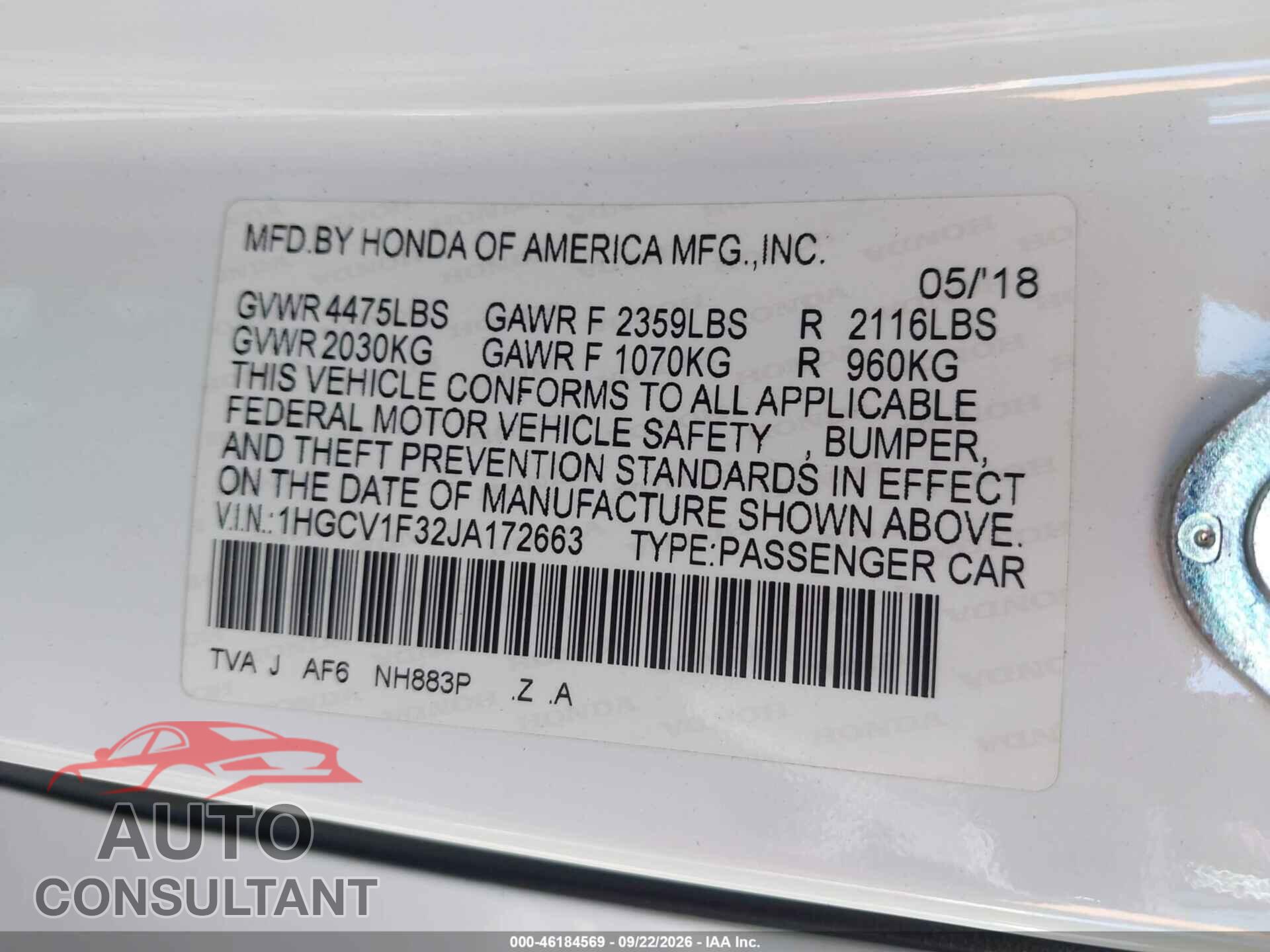 HONDA ACCORD 2018 - 1HGCV1F32JA172663