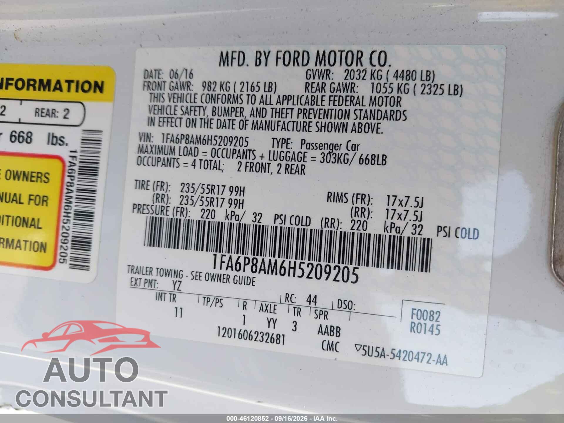 FORD MUSTANG 2017 - 1FA6P8AM6H5209205