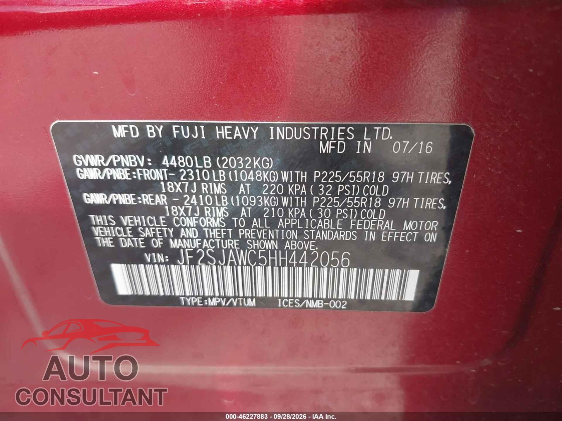 SUBARU FORESTER 2017 - JF2SJAWC5HH442056