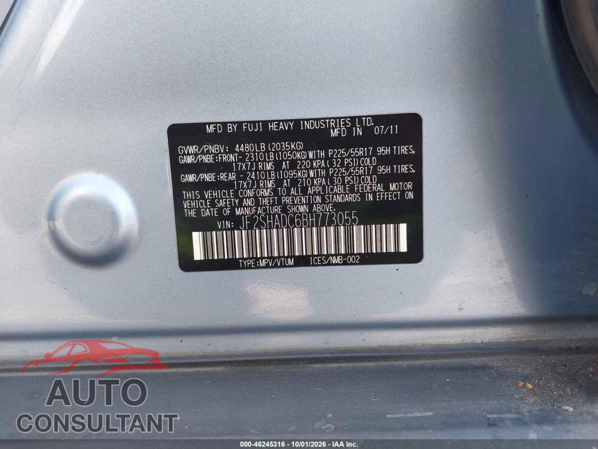 SUBARU FORESTER 2011 - JF2SHADC6BH773055