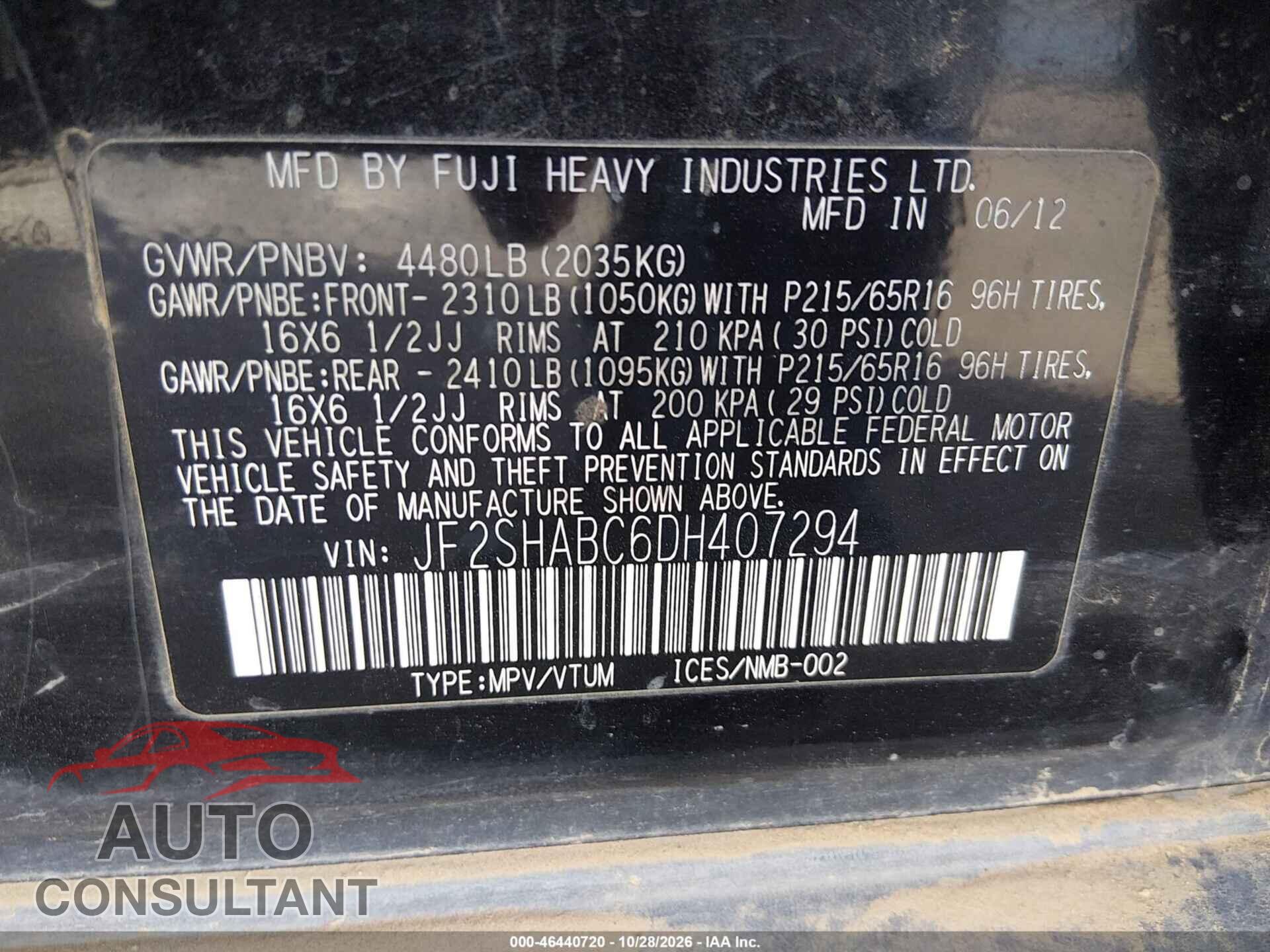 SUBARU FORESTER 2013 - JF2SHABC6DH407294