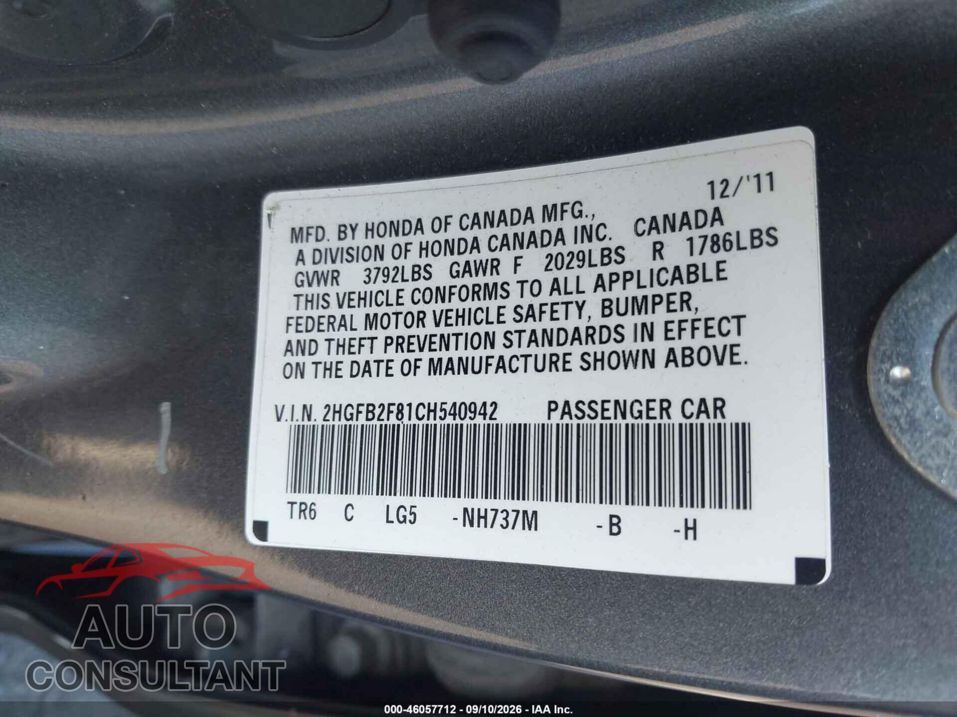 HONDA CIVIC 2012 - 2HGFB2F81CH540942