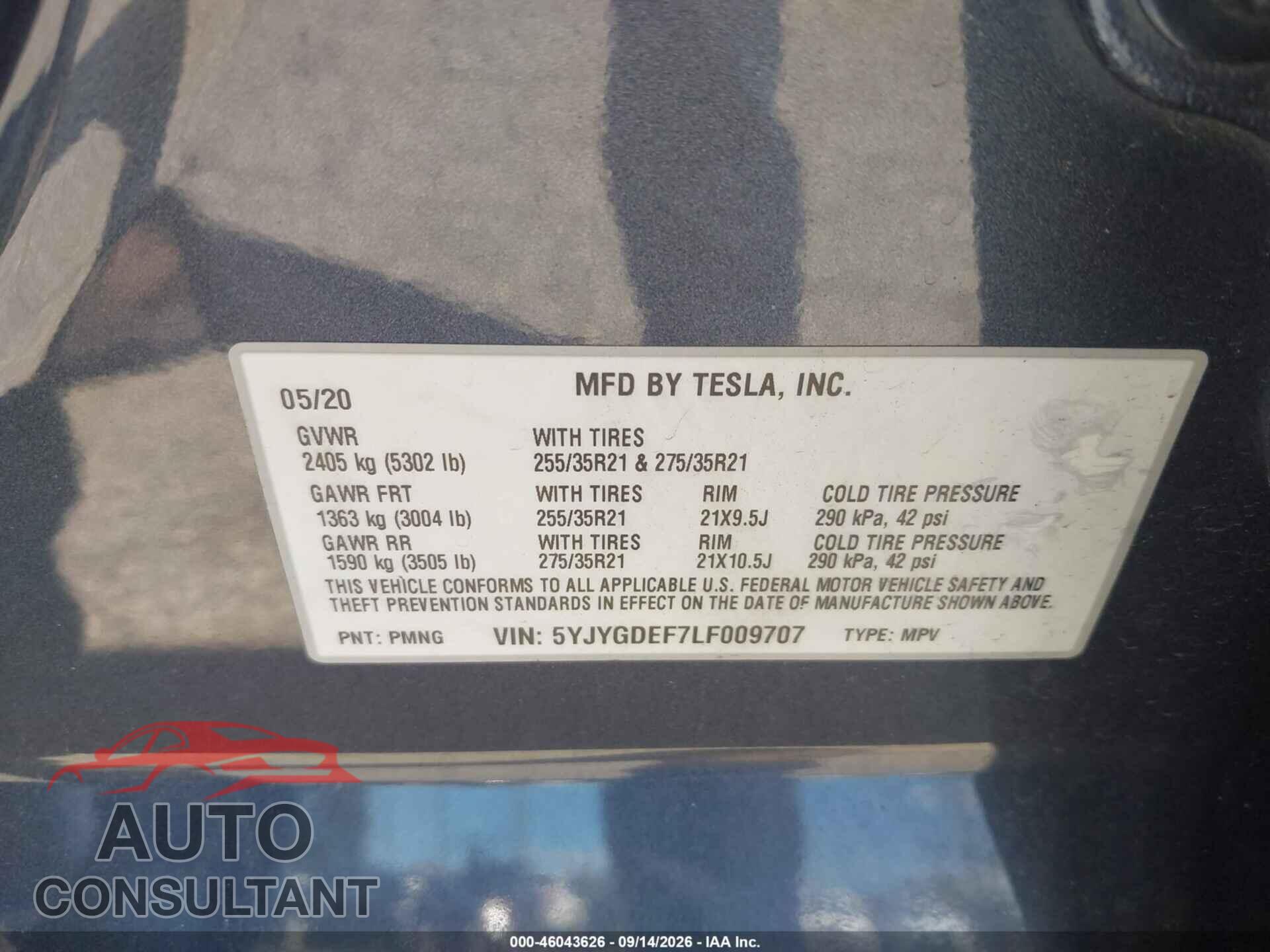 TESLA MODEL Y 2020 - 5YJYGDEF7LF009707