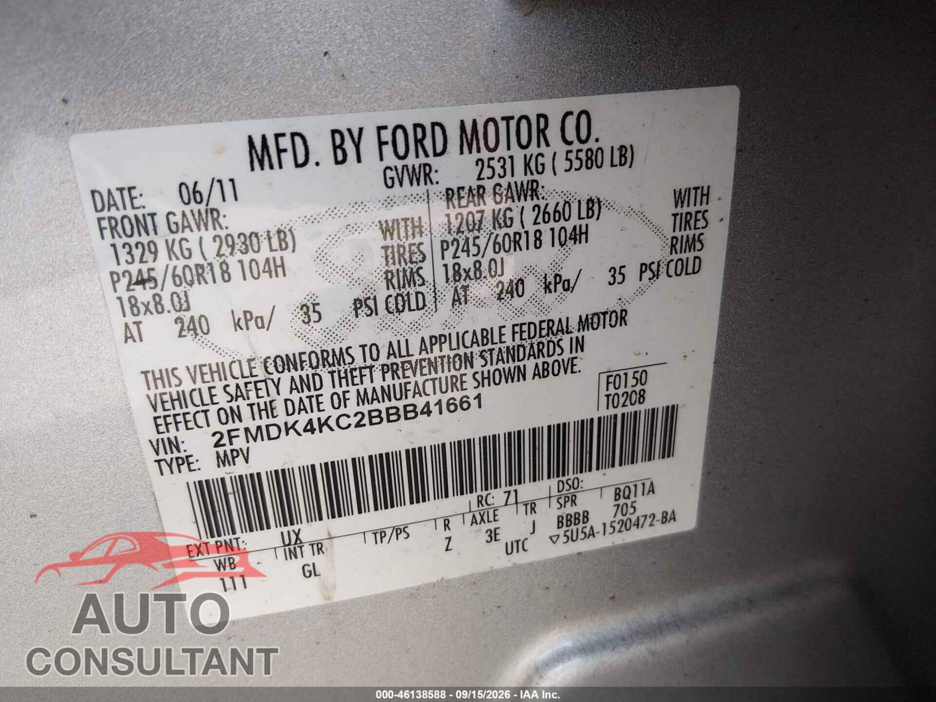 FORD EDGE 2011 - 2FMDK4KC2BBB41661