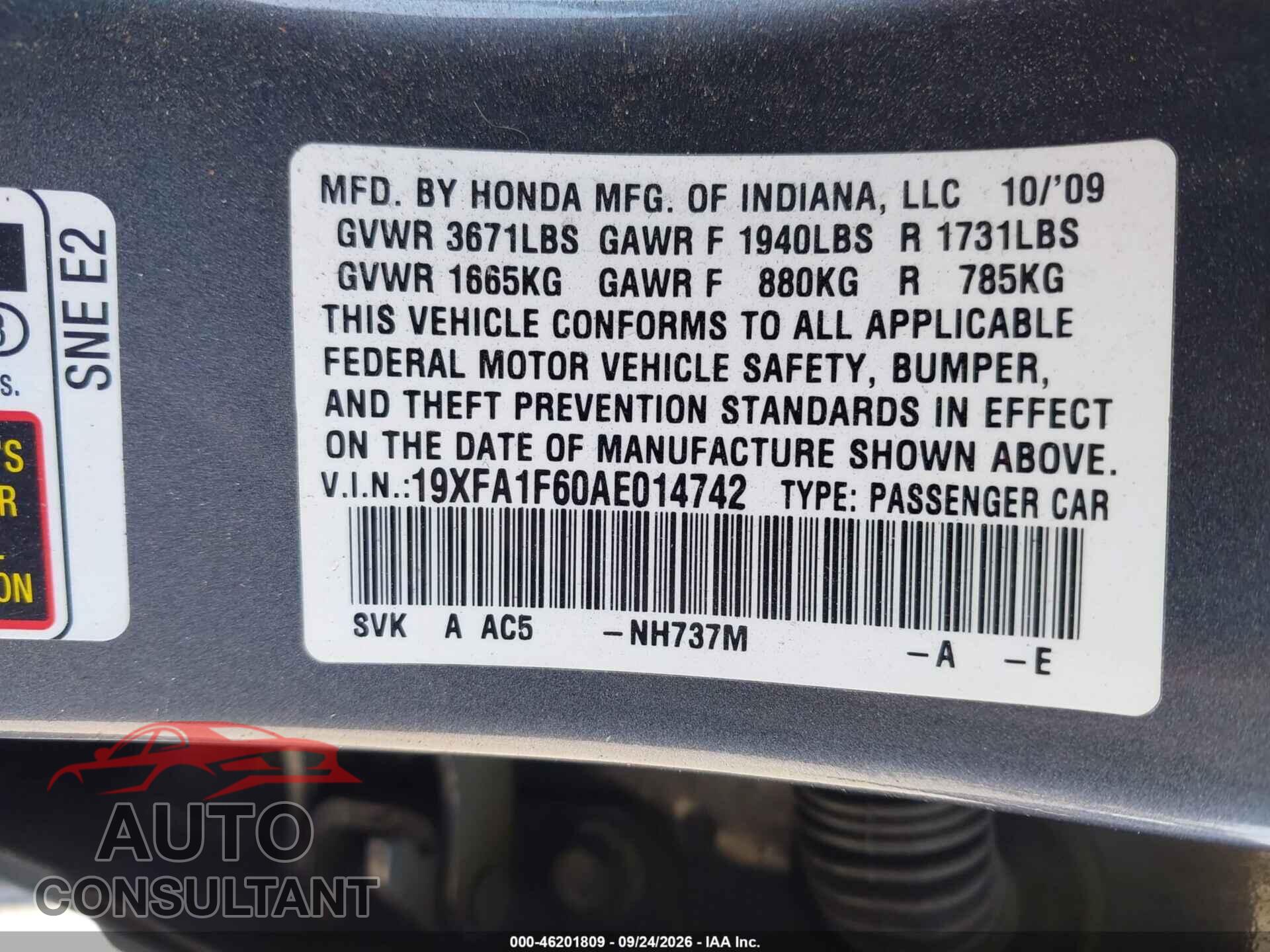HONDA CIVIC 2010 - 19XFA1F60AE014742