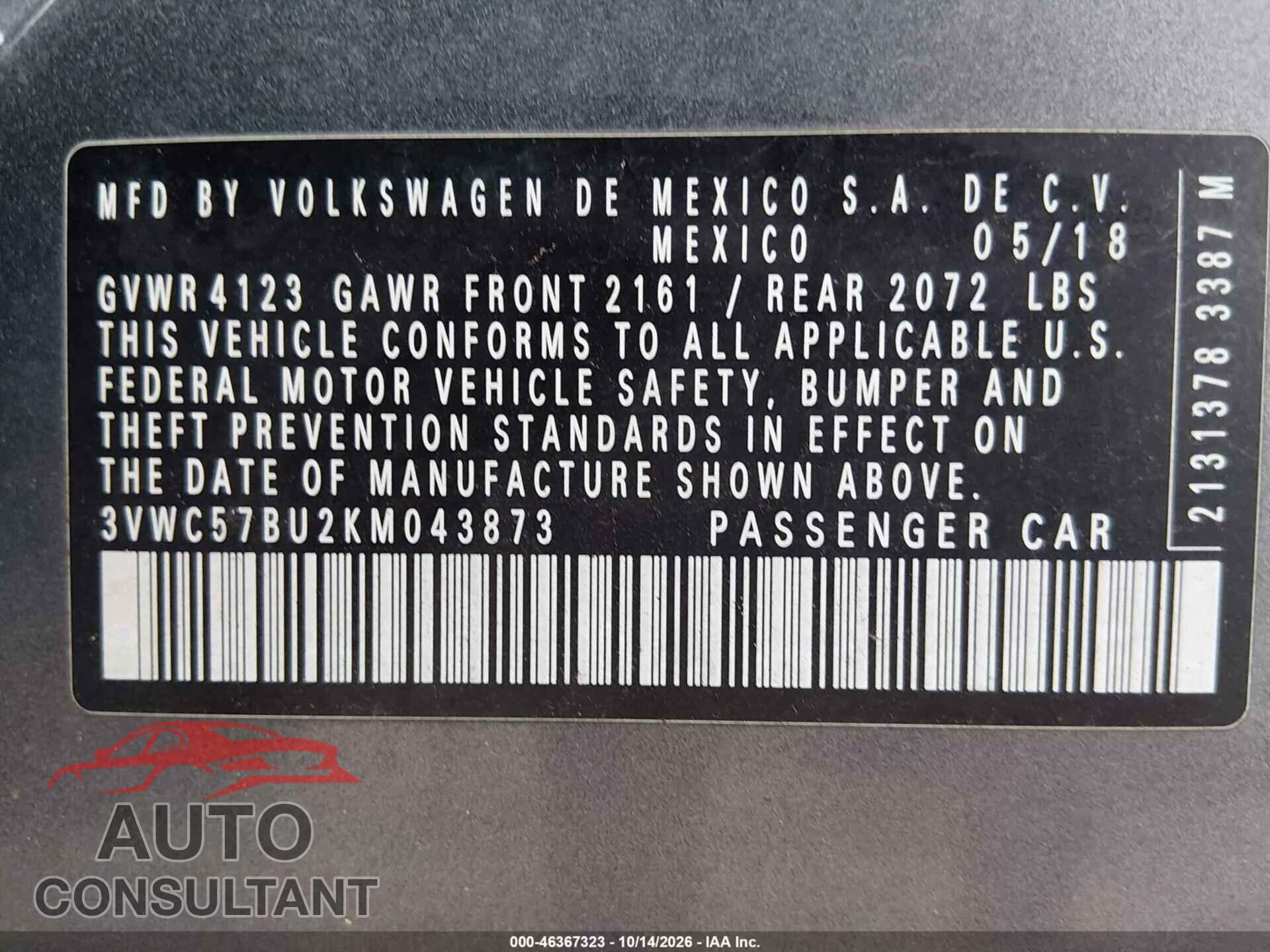 VOLKSWAGEN JETTA 2019 - 3VWC57BU2KM043873