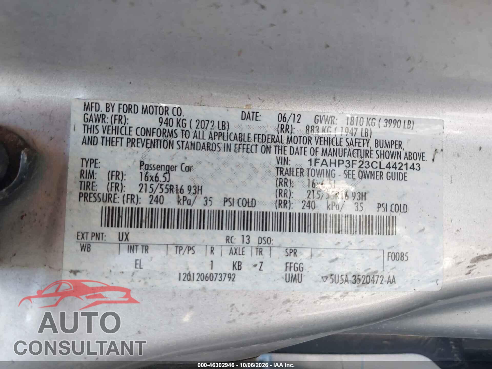 FORD FOCUS 2012 - 1FAHP3F23CL442143
