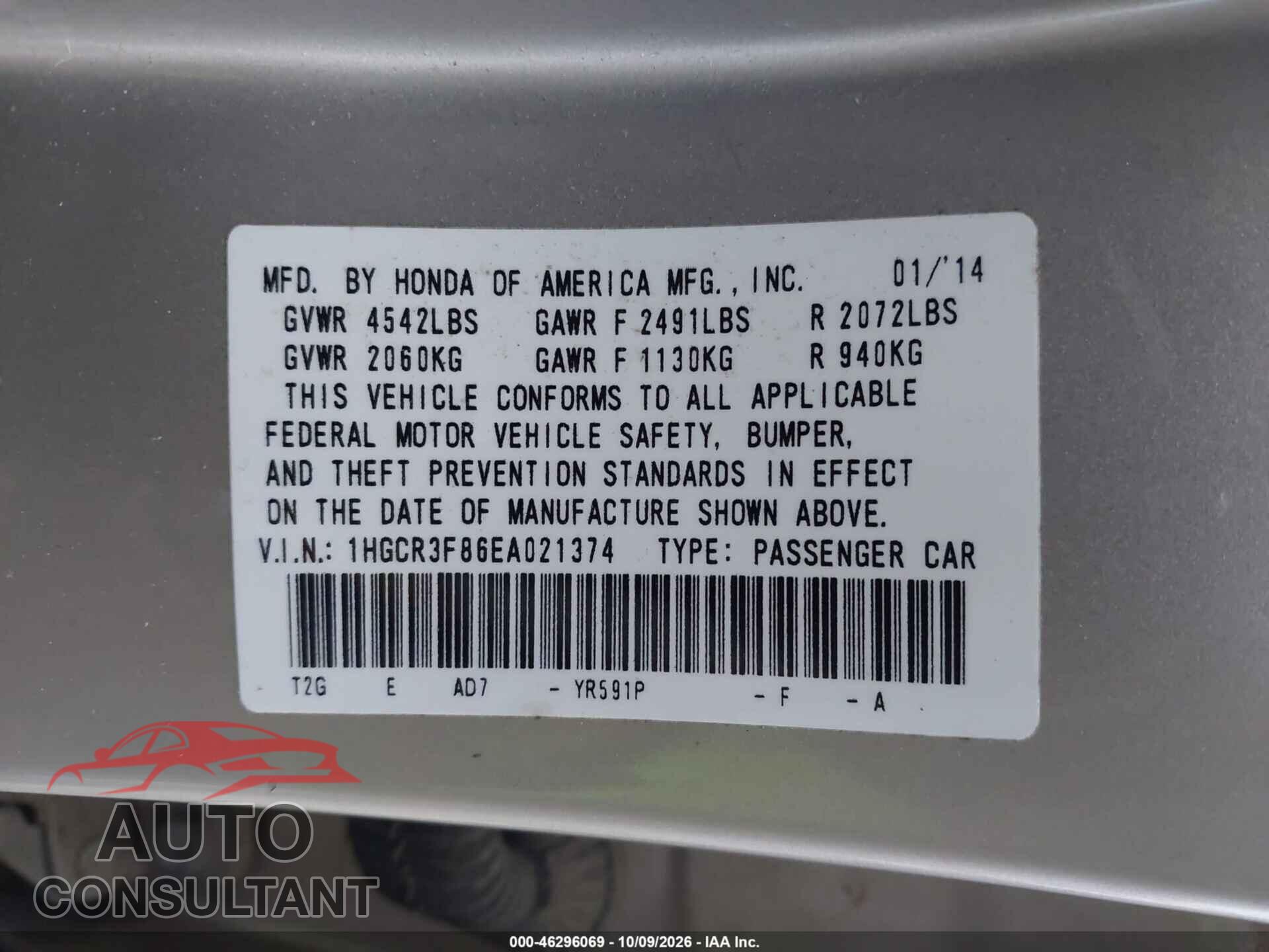HONDA ACCORD 2014 - 1HGCR3F86EA021374
