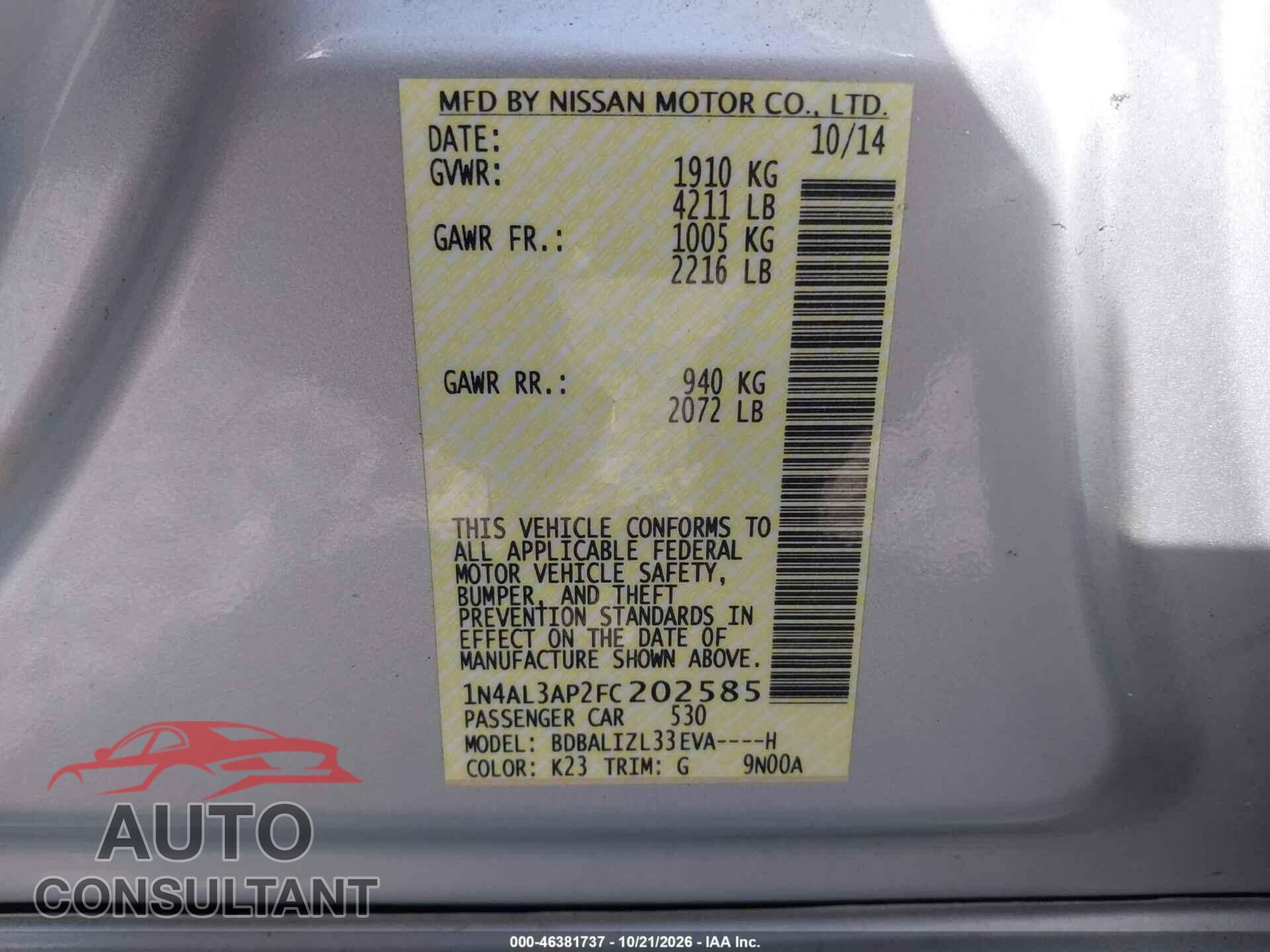 NISSAN ALTIMA 2015 - 1N4AL3AP2FC202585