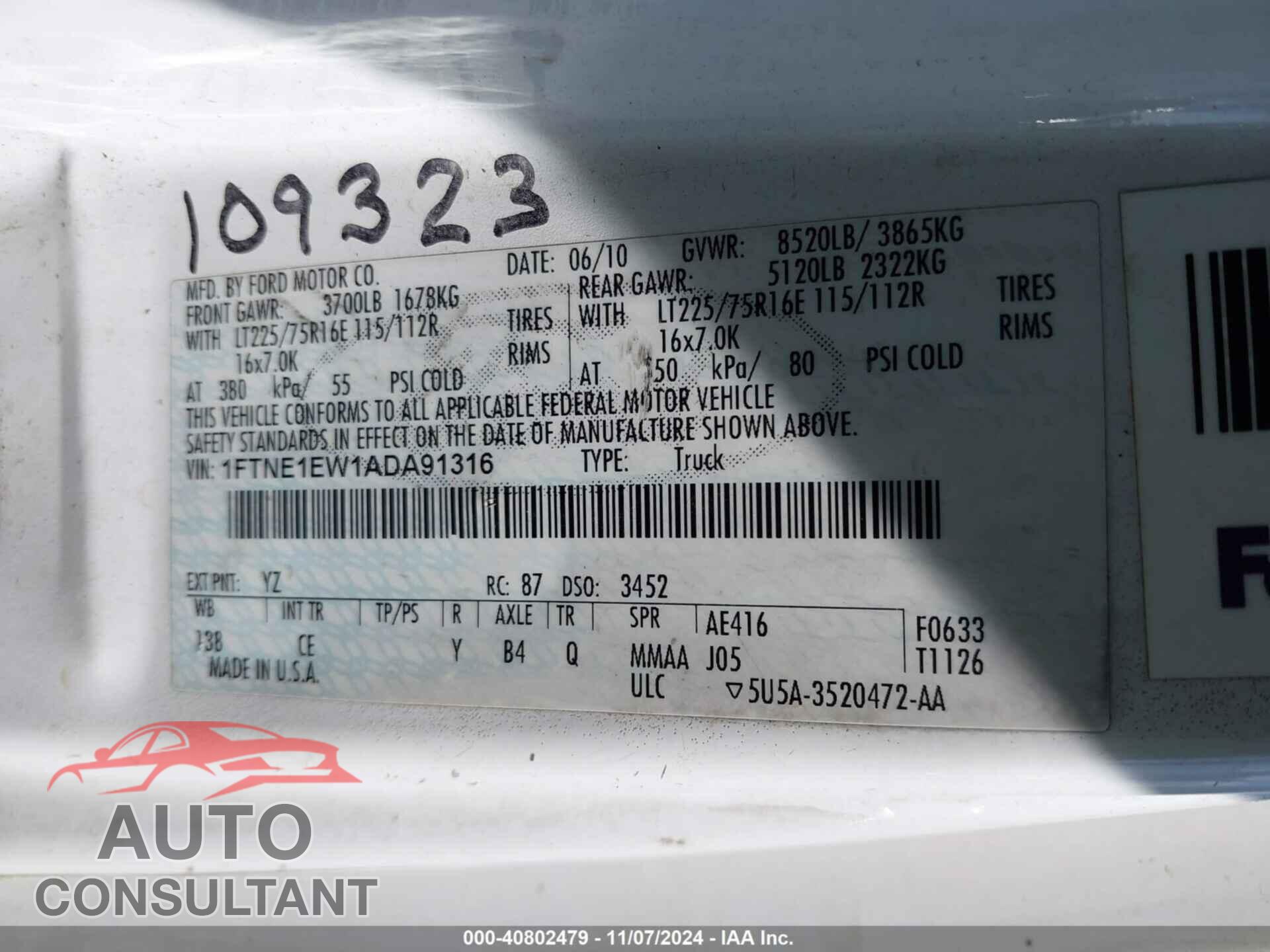 FORD E-150 2010 - 1FTNE1EW1ADA91316