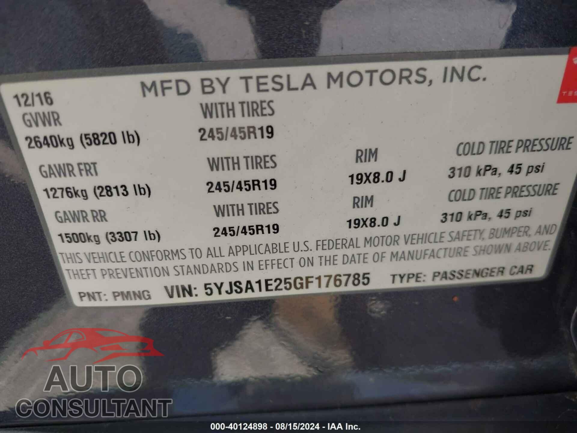 TESLA MODEL S 2016 - 5YJSA1E25GF176785