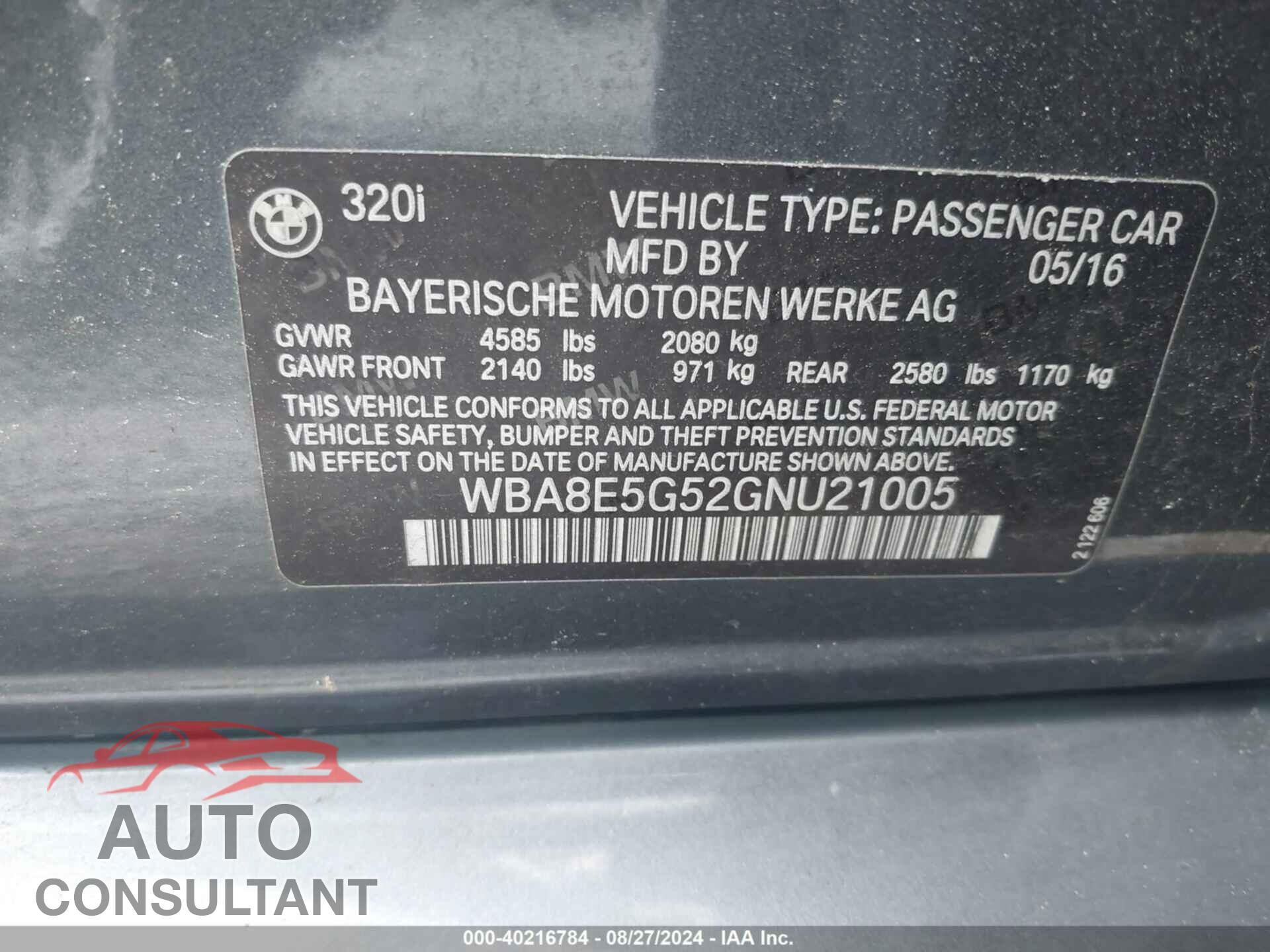 BMW 320I 2016 - WBA8E5G52GNU21005