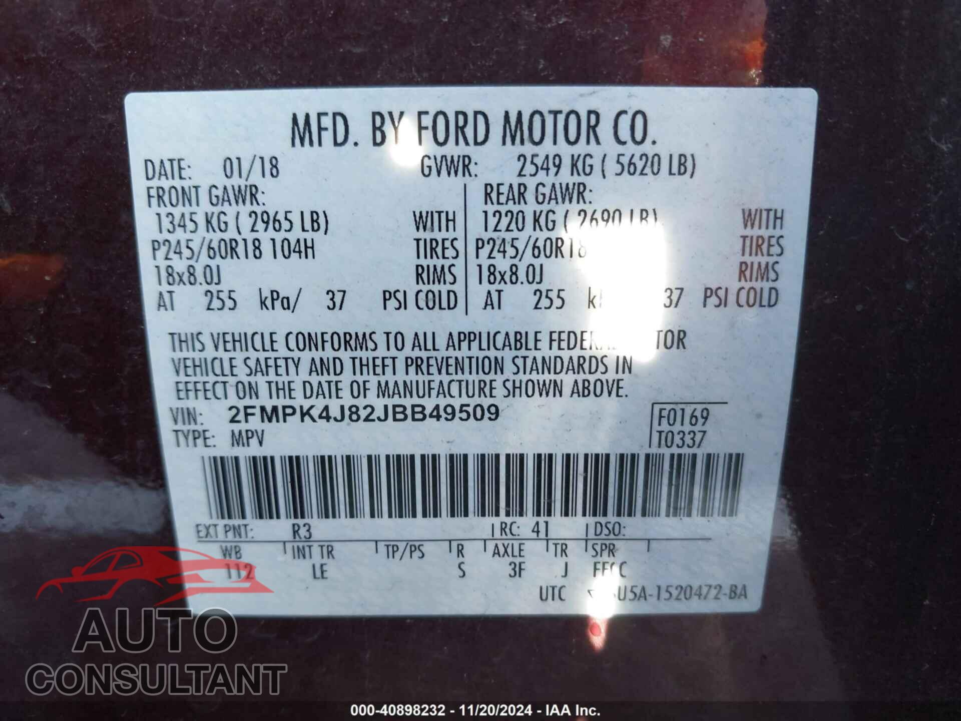 FORD EDGE 2018 - 2FMPK4J82JBB49509