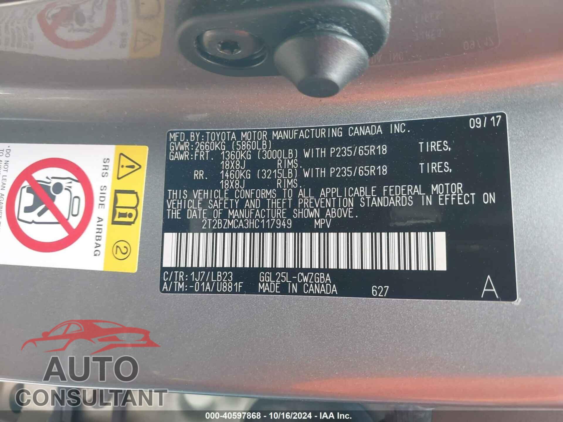 LEXUS RX 350 2017 - 2T2BZMCA3HC117949
