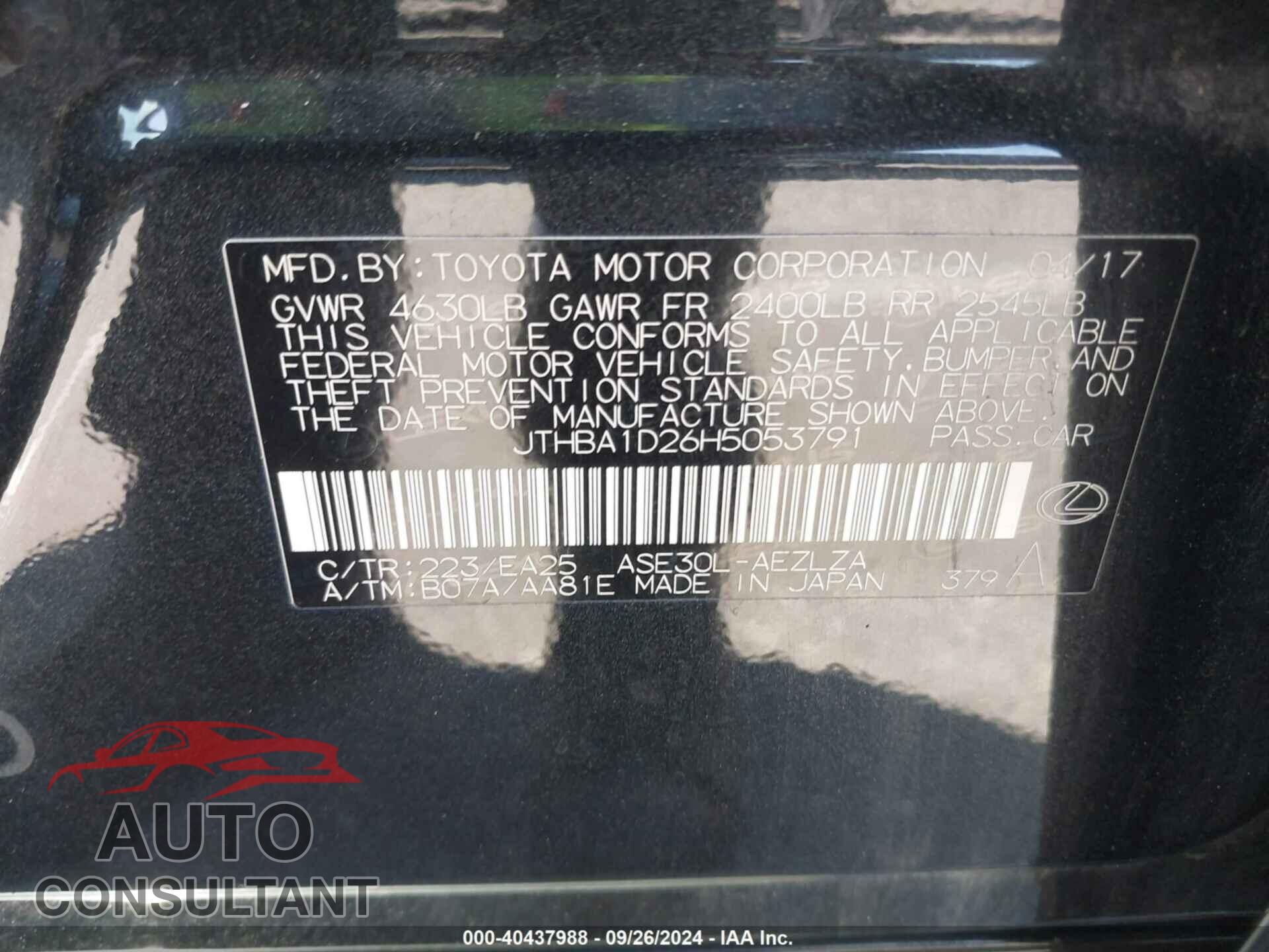 LEXUS IS 2017 - JTHBA1D26H5053791