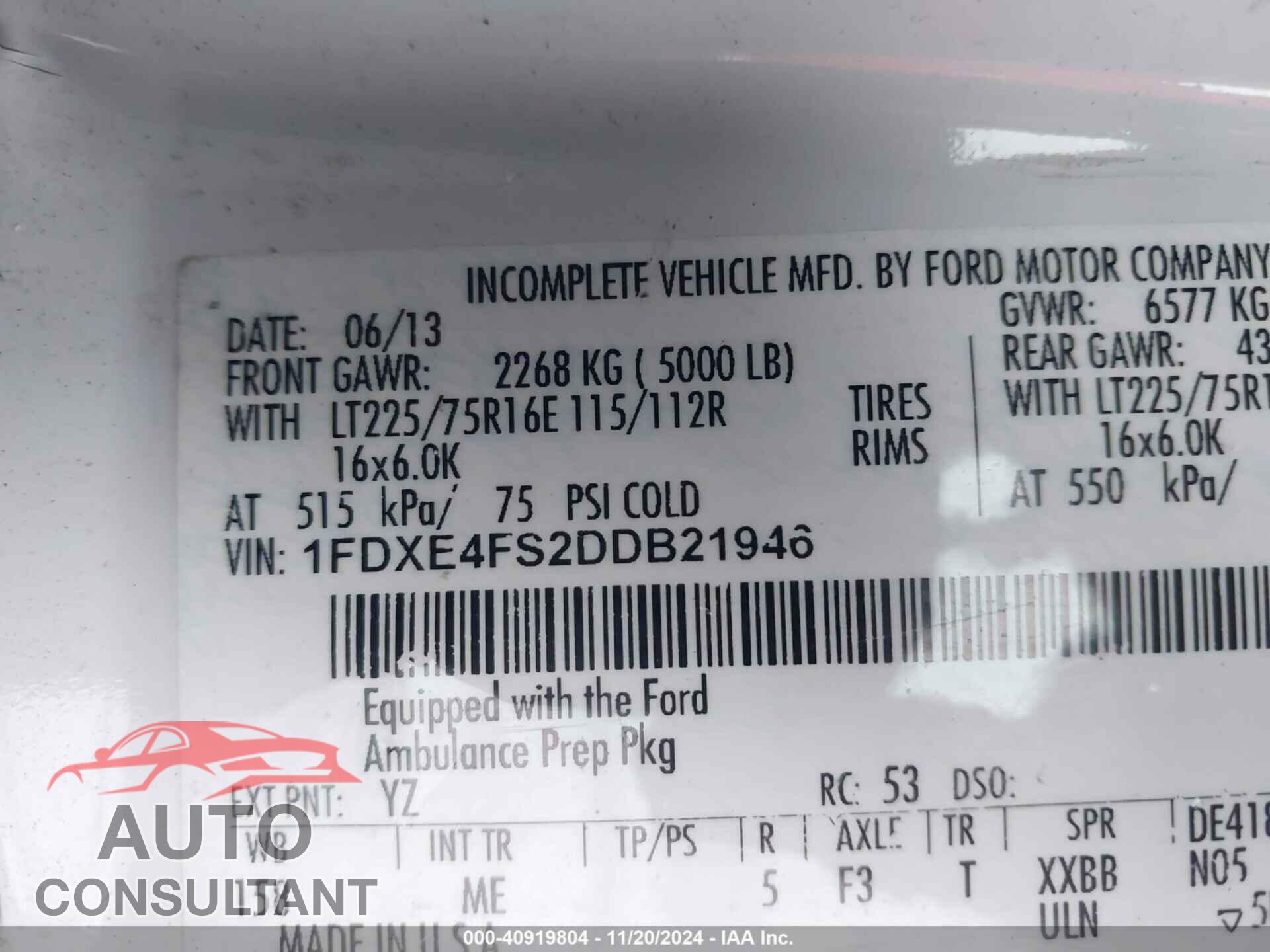 FORD E-450 CUTAWAY 2013 - 1FDXE4FS2DDB21946