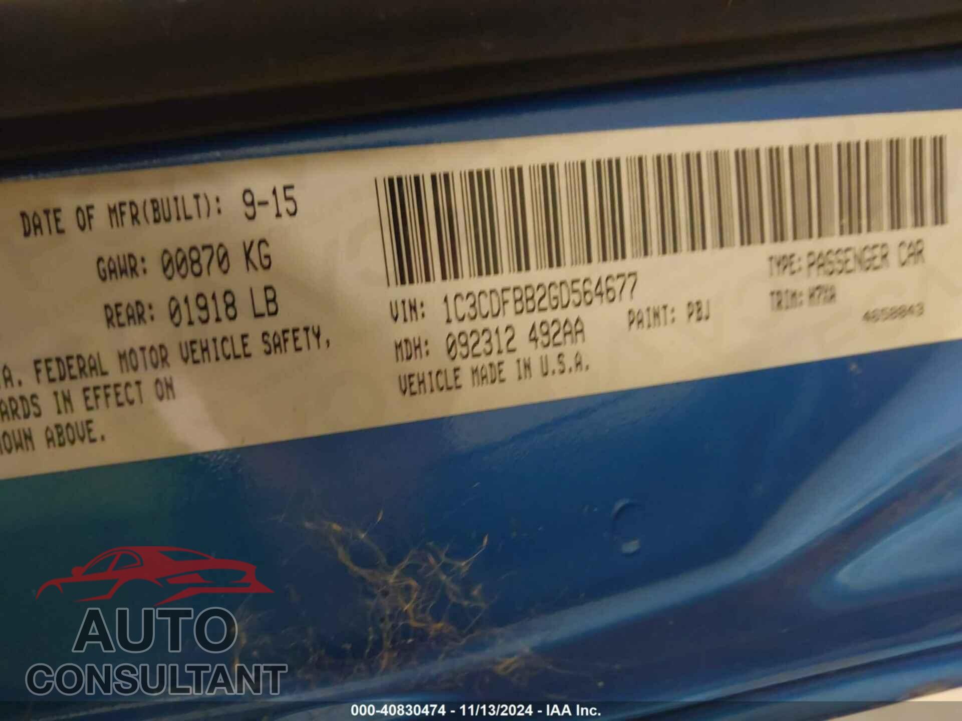 DODGE DART 2016 - 1C3CDFBB2GD564677