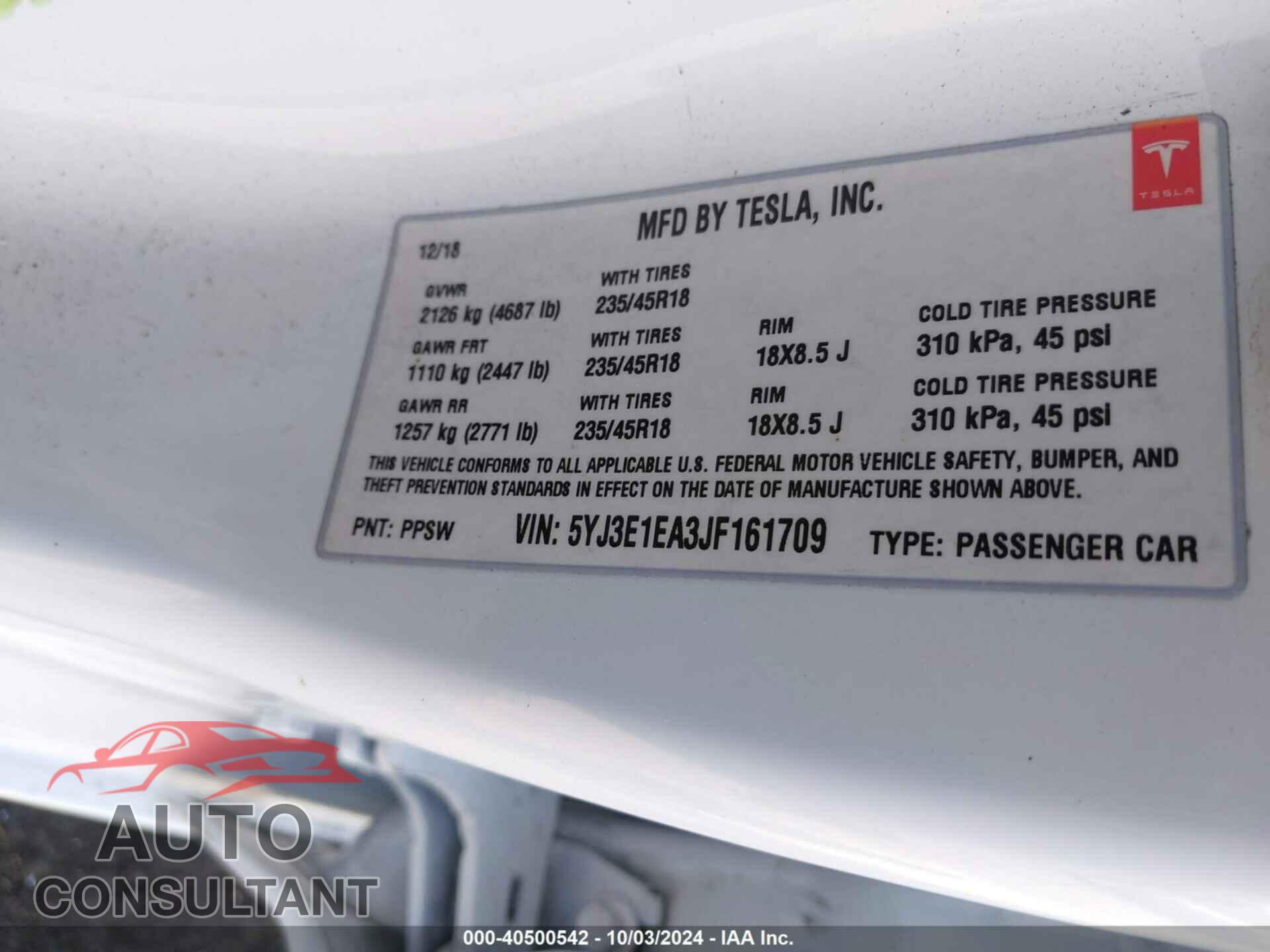 TESLA MODEL 3 2018 - 5YJ3E1EA3JF161709