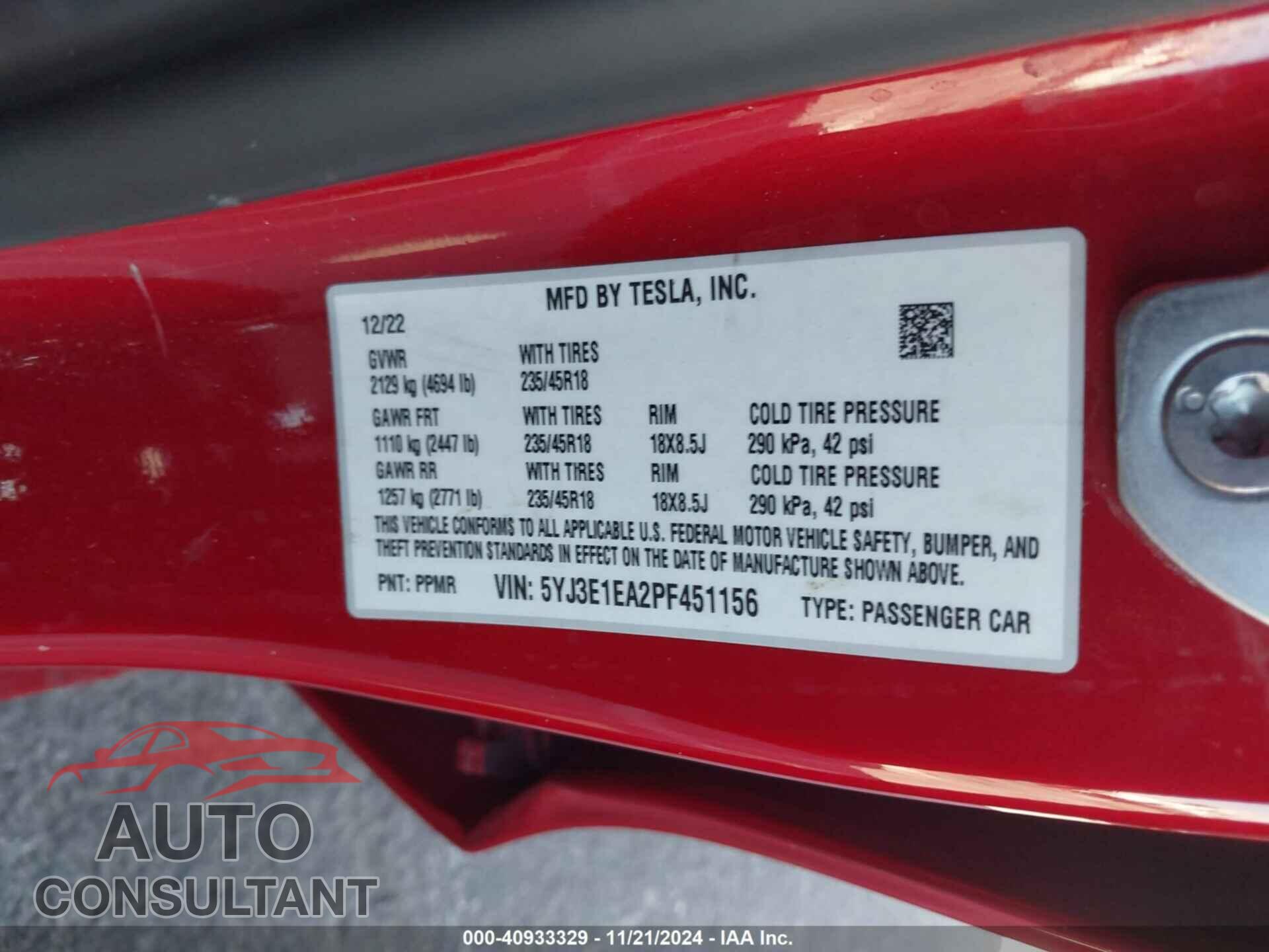 TESLA MODEL 3 2023 - 5YJ3E1EA2PF451156
