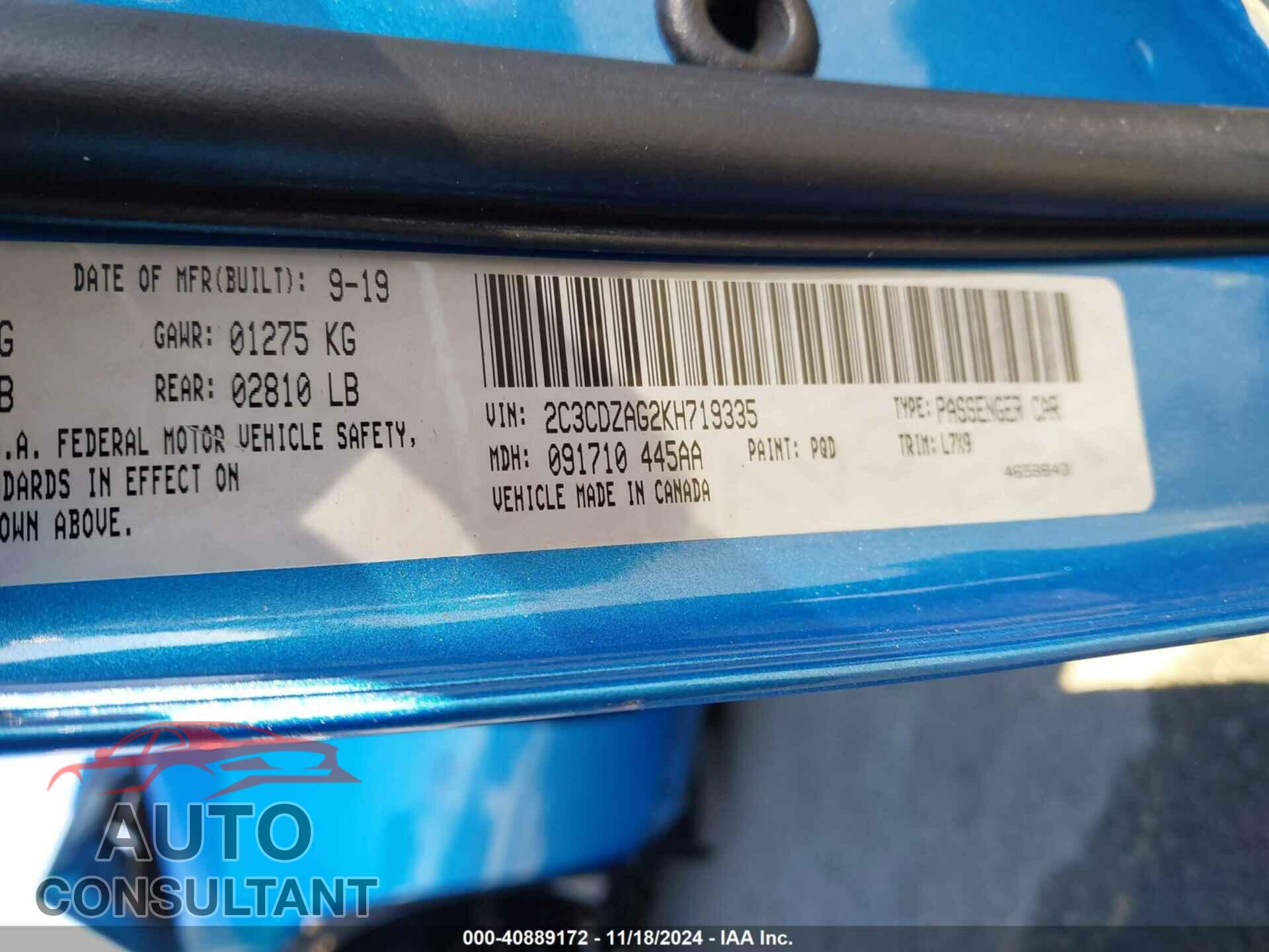 DODGE CHALLENGER 2019 - 2C3CDZAG2KH719335