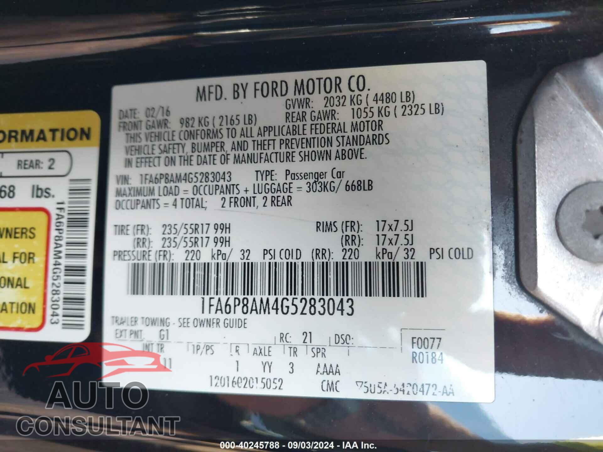 FORD MUSTANG 2016 - 1FA6P8AM4G5283043