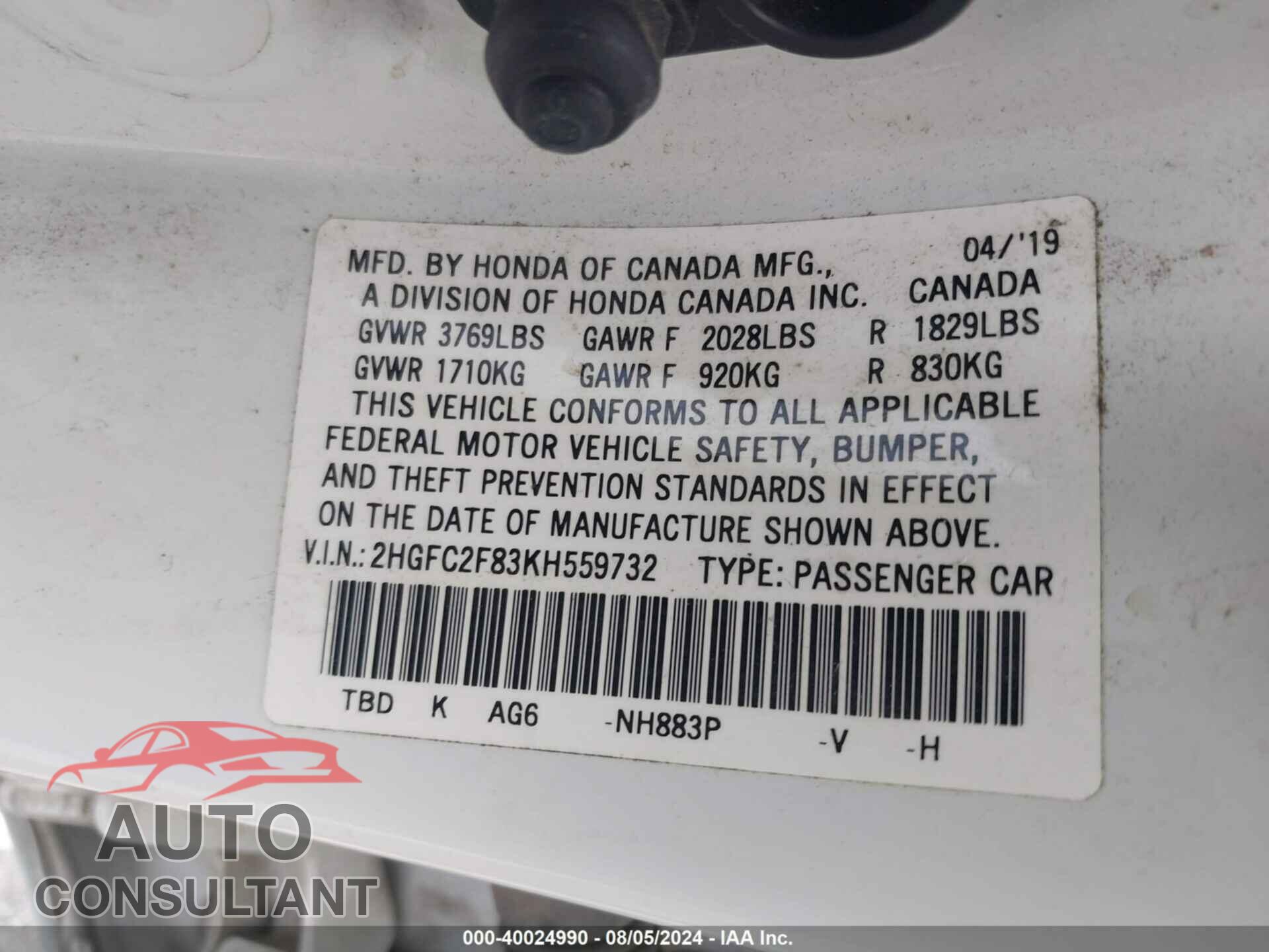 HONDA CIVIC 2019 - 2HGFC2F83KH559732