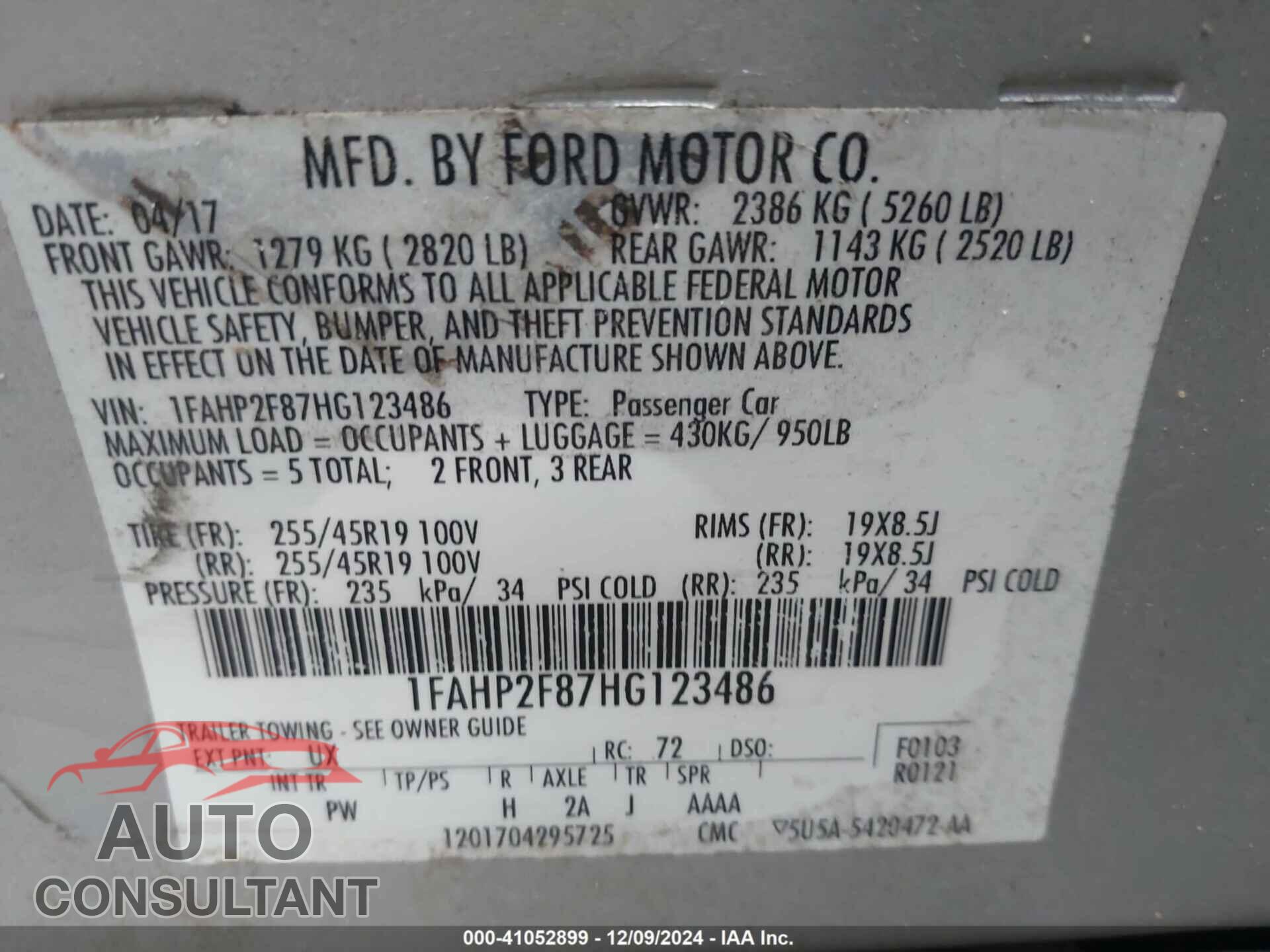 FORD TAURUS 2017 - 1FAHP2F87HG123486