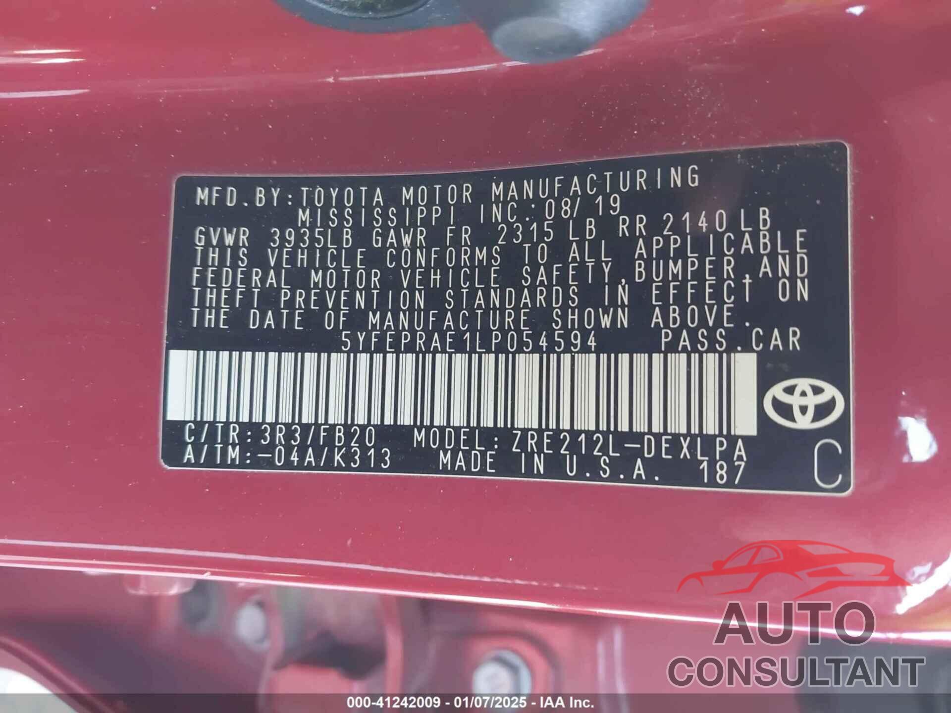 TOYOTA COROLLA 2020 - 5YFEPRAE1LP054594