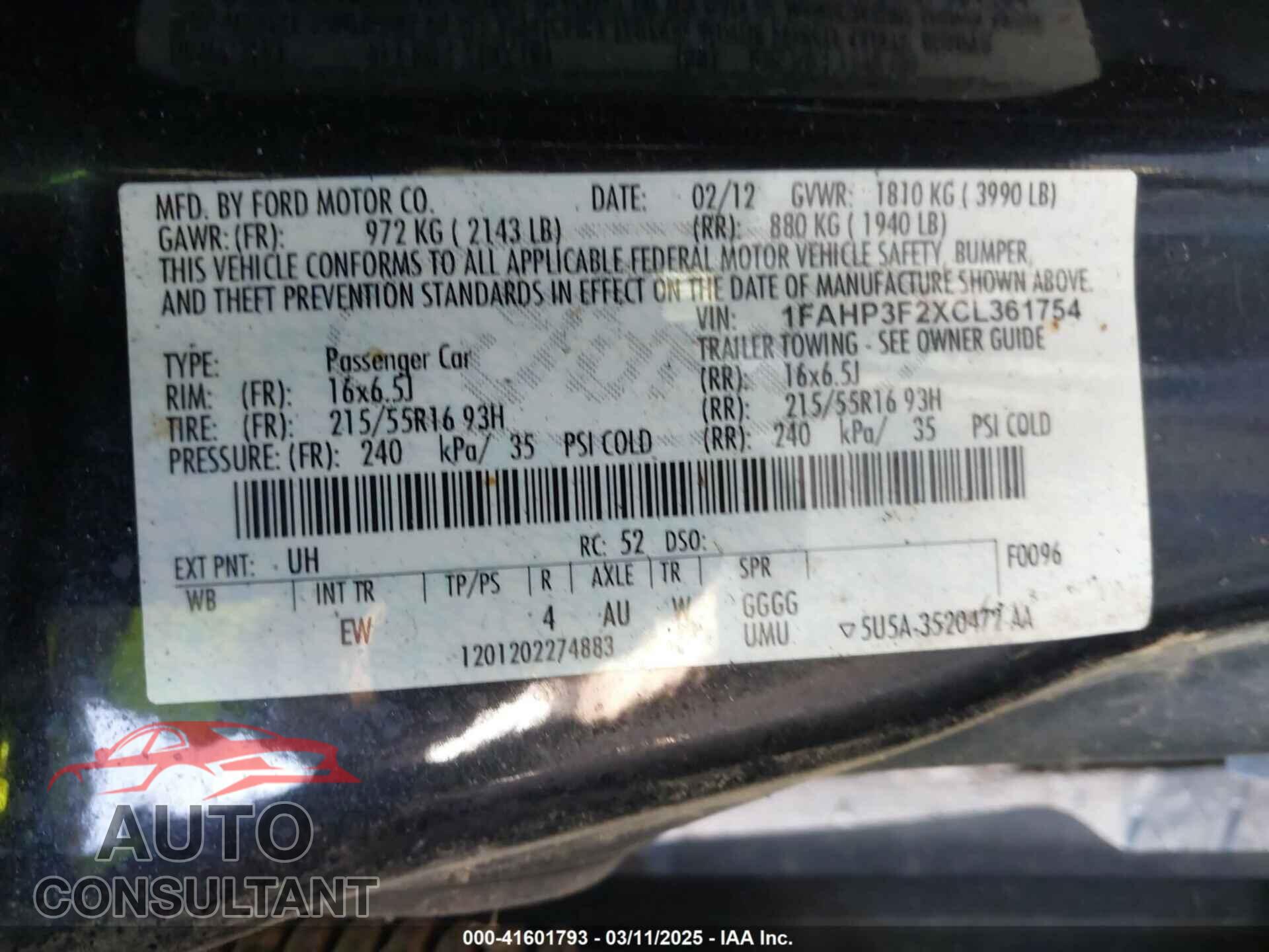 FORD FOCUS 2012 - 1FAHP3F2XCL361754