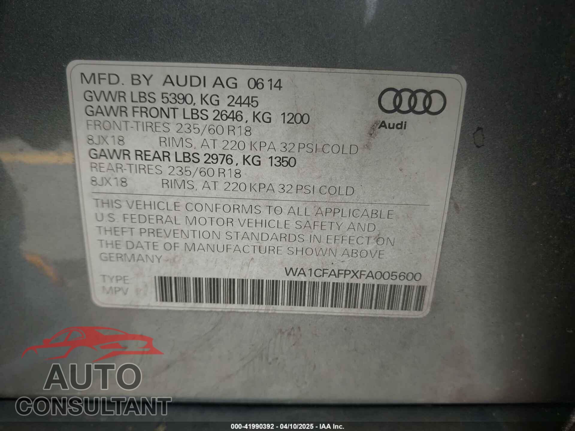 AUDI Q5 2015 - WA1CFAFPXFA005600