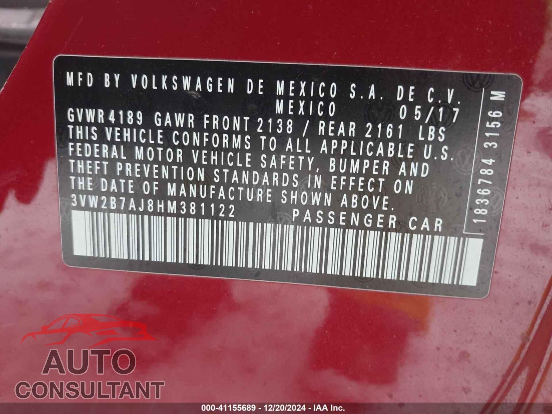 VOLKSWAGEN JETTA 2017 - 3VW2B7AJ8HM381122