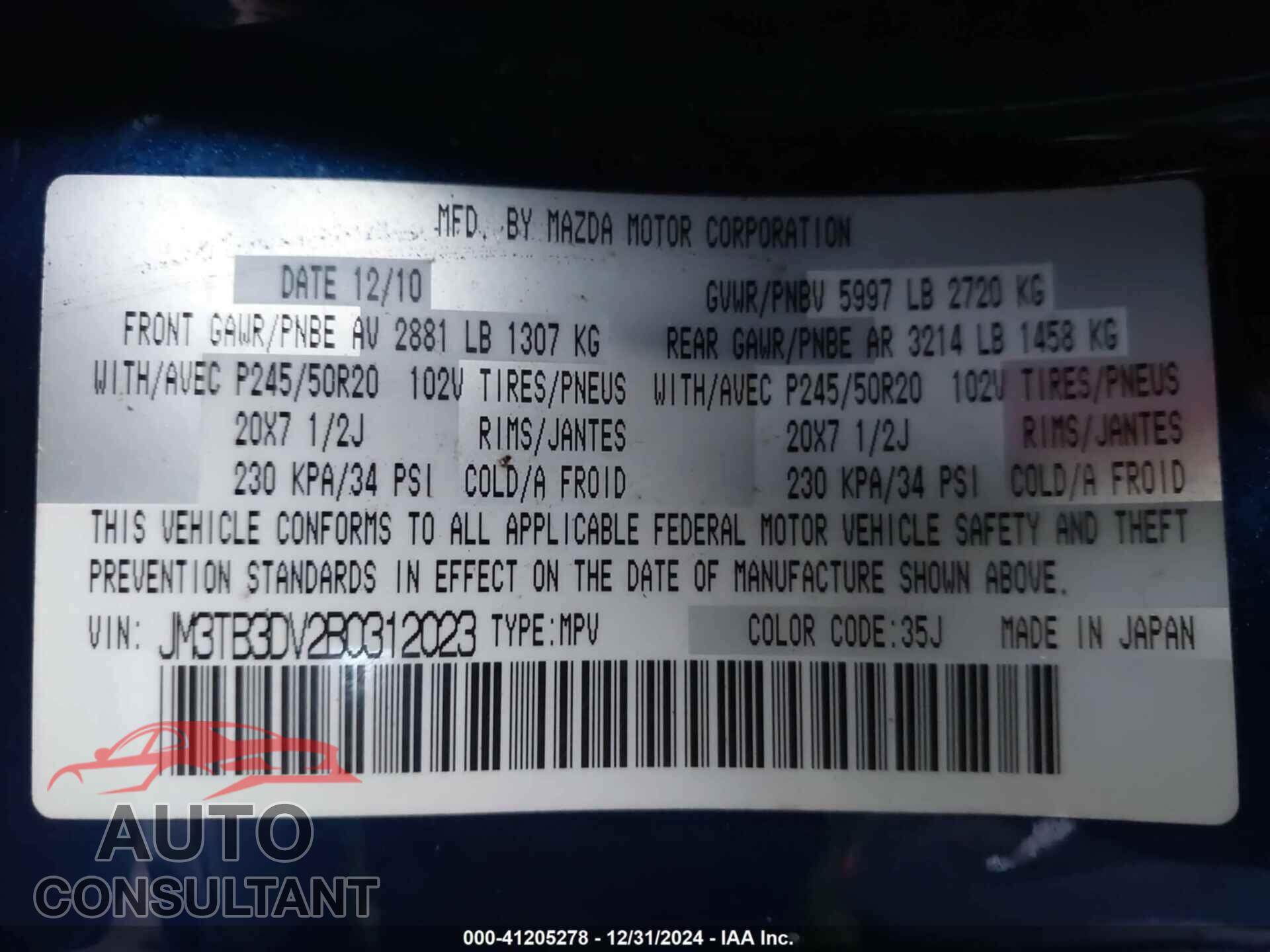 MAZDA CX-9 2011 - JM3TB3DV2B0312023