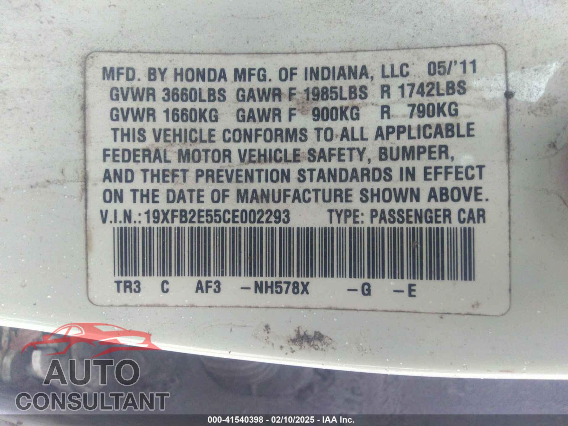 HONDA CIVIC 2012 - 19XFB2E55CE002293
