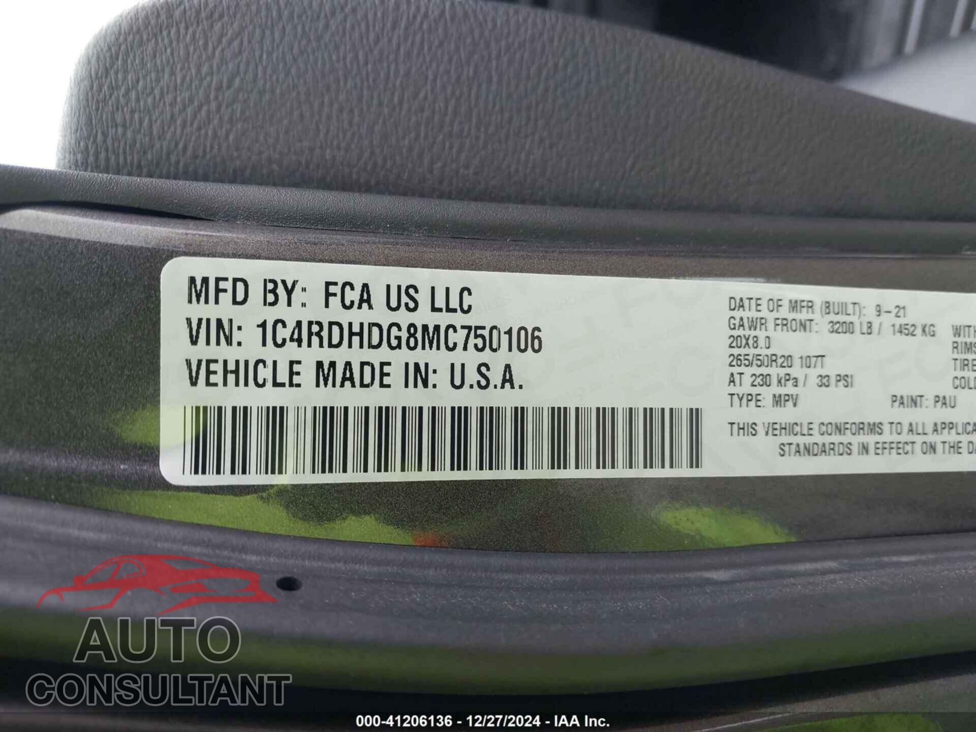 DODGE DURANGO 2021 - 1C4RDHDG8MC750106