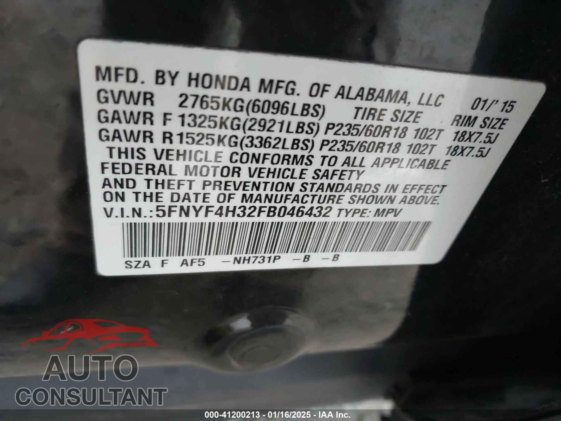 HONDA PILOT 2015 - 5FNYF4H32FB046432