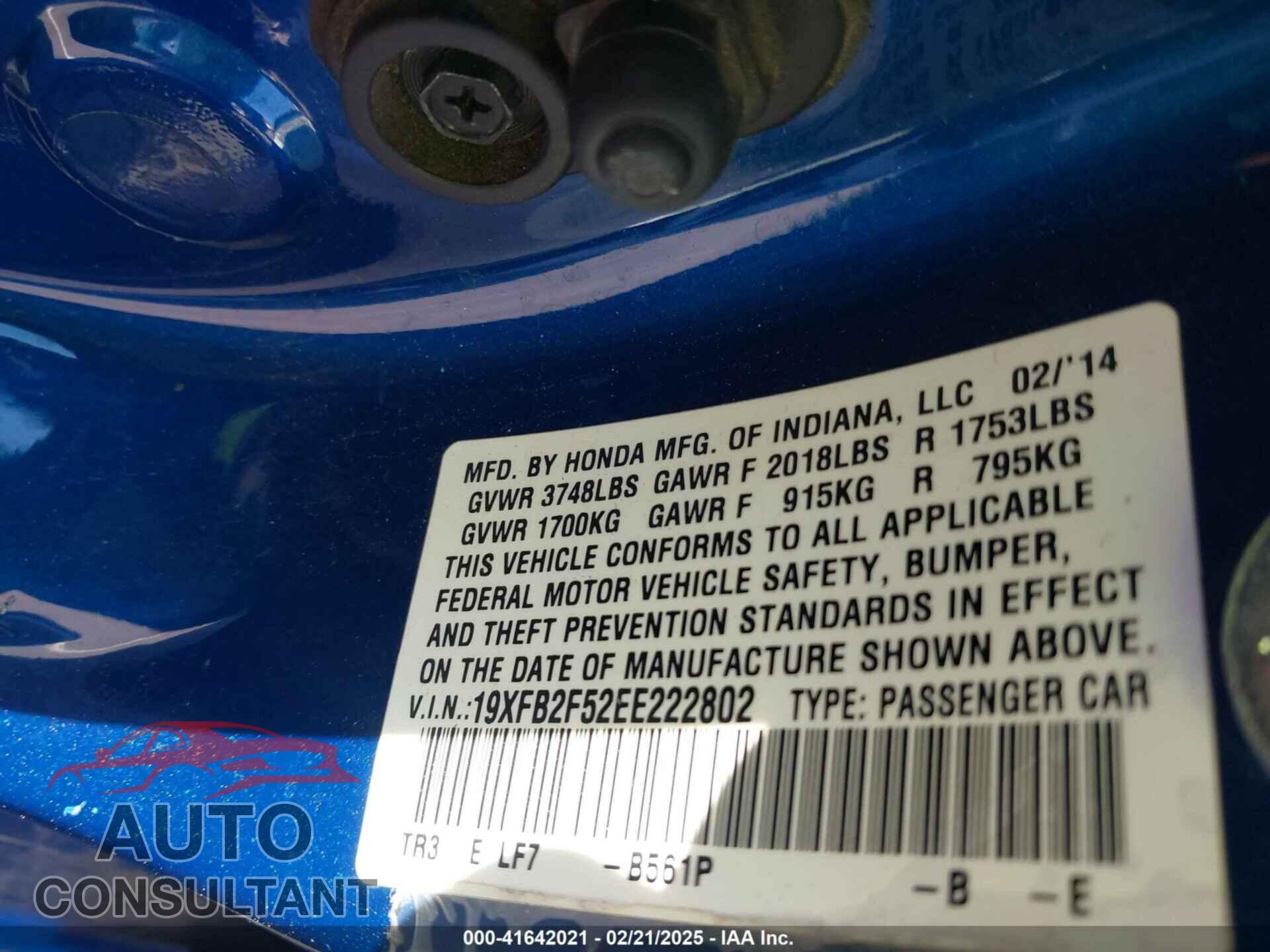 HONDA CIVIC 2014 - 19XFB2F52EE222802