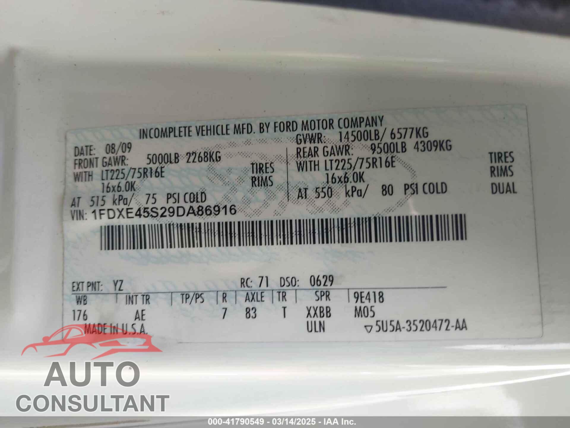 FORD E-450 CUTAWAY 2009 - 1FDXE45S29DA86916