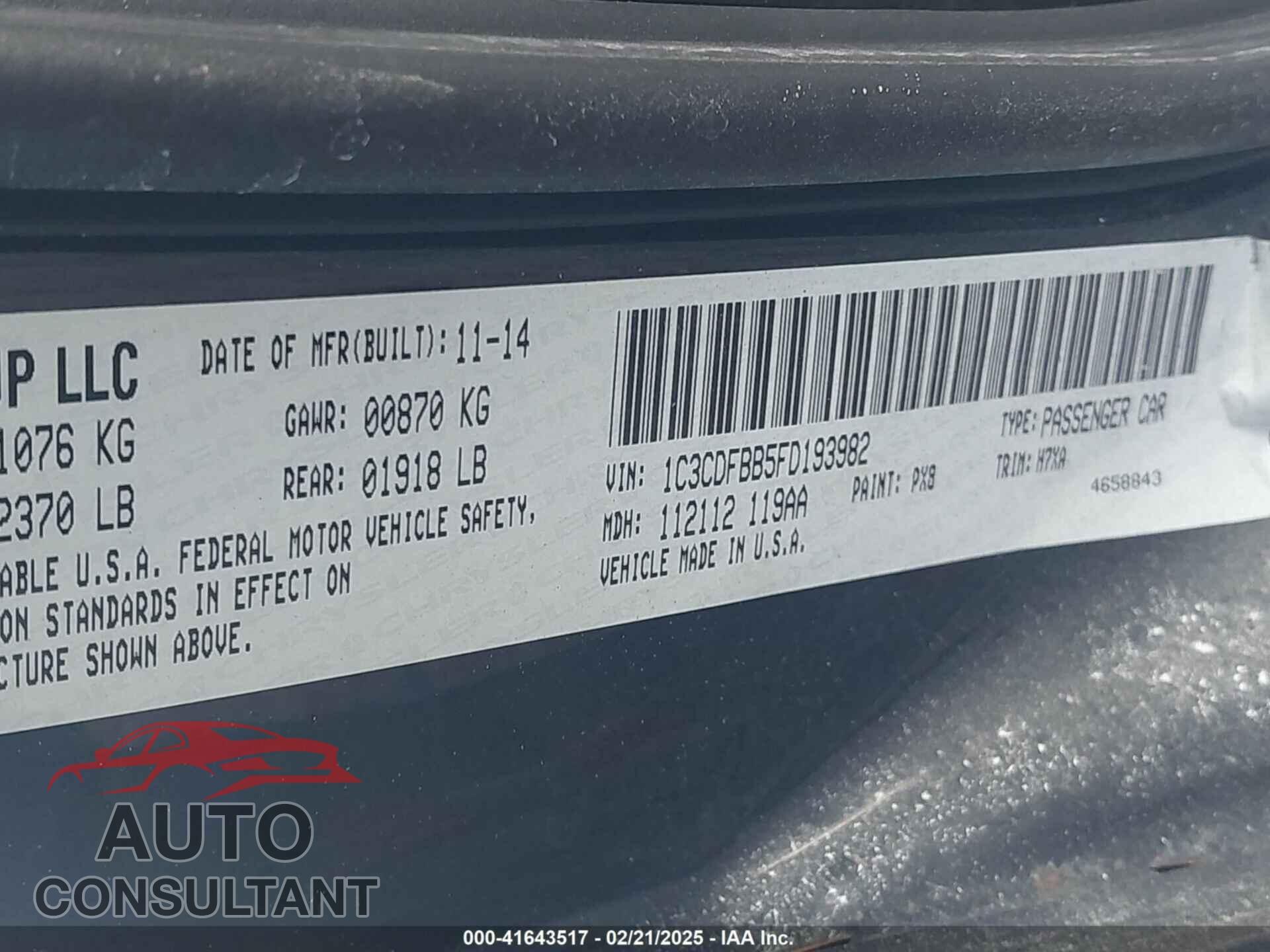 DODGE DART 2015 - 1C3CDFBB5FD193982