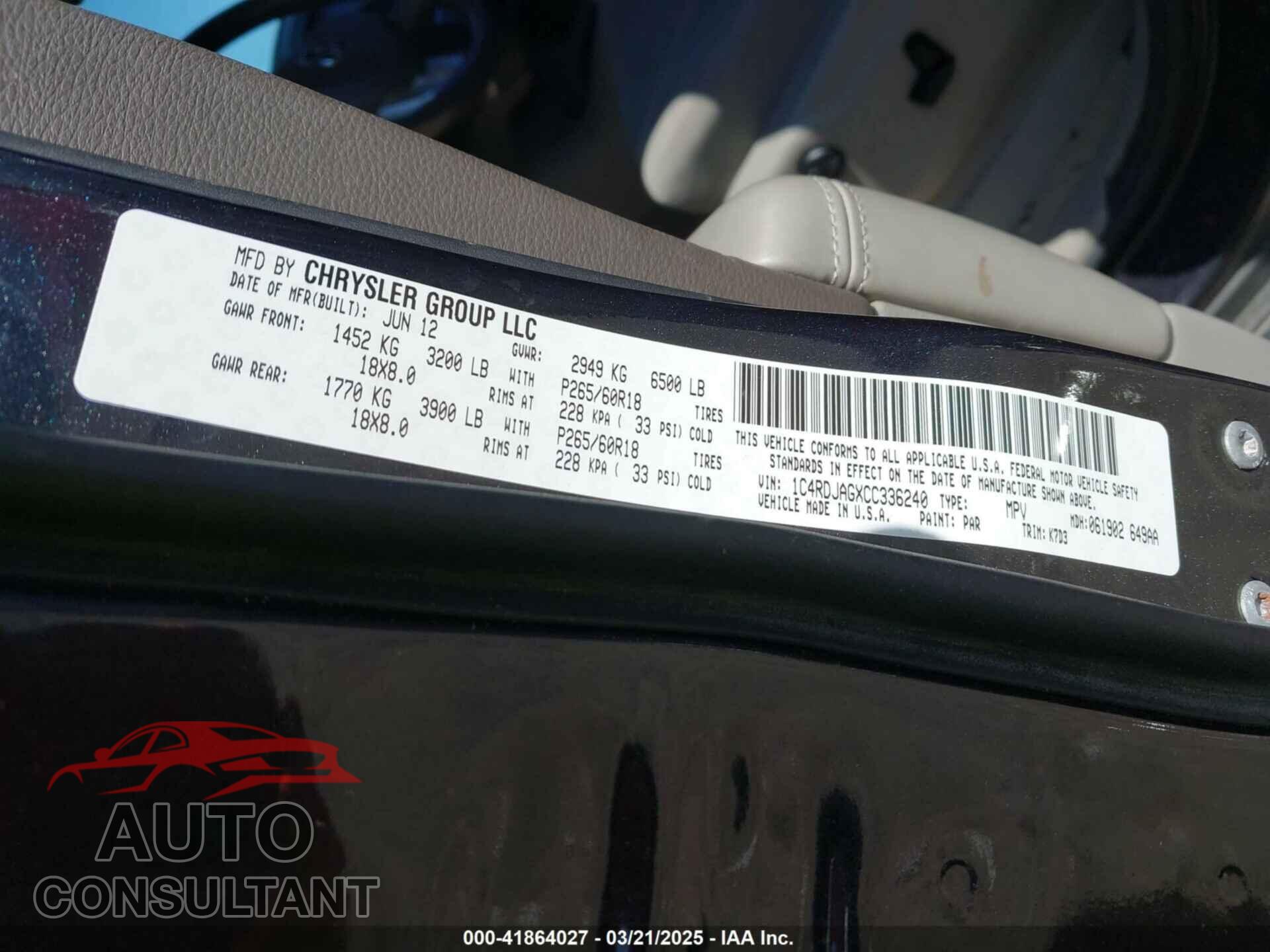 DODGE DURANGO 2012 - 1C4RDJAGXCC336240