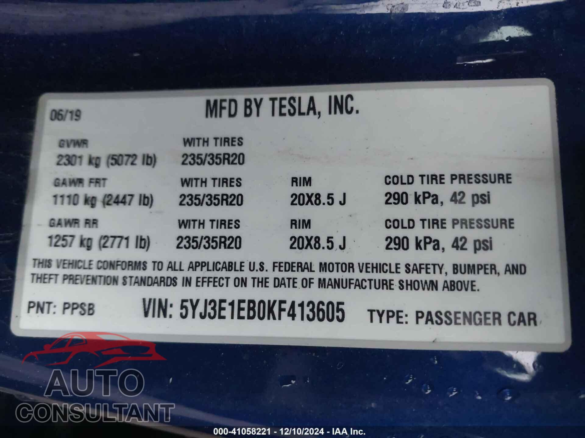 TESLA MODEL 3 2019 - 5YJ3E1EB0KF413605