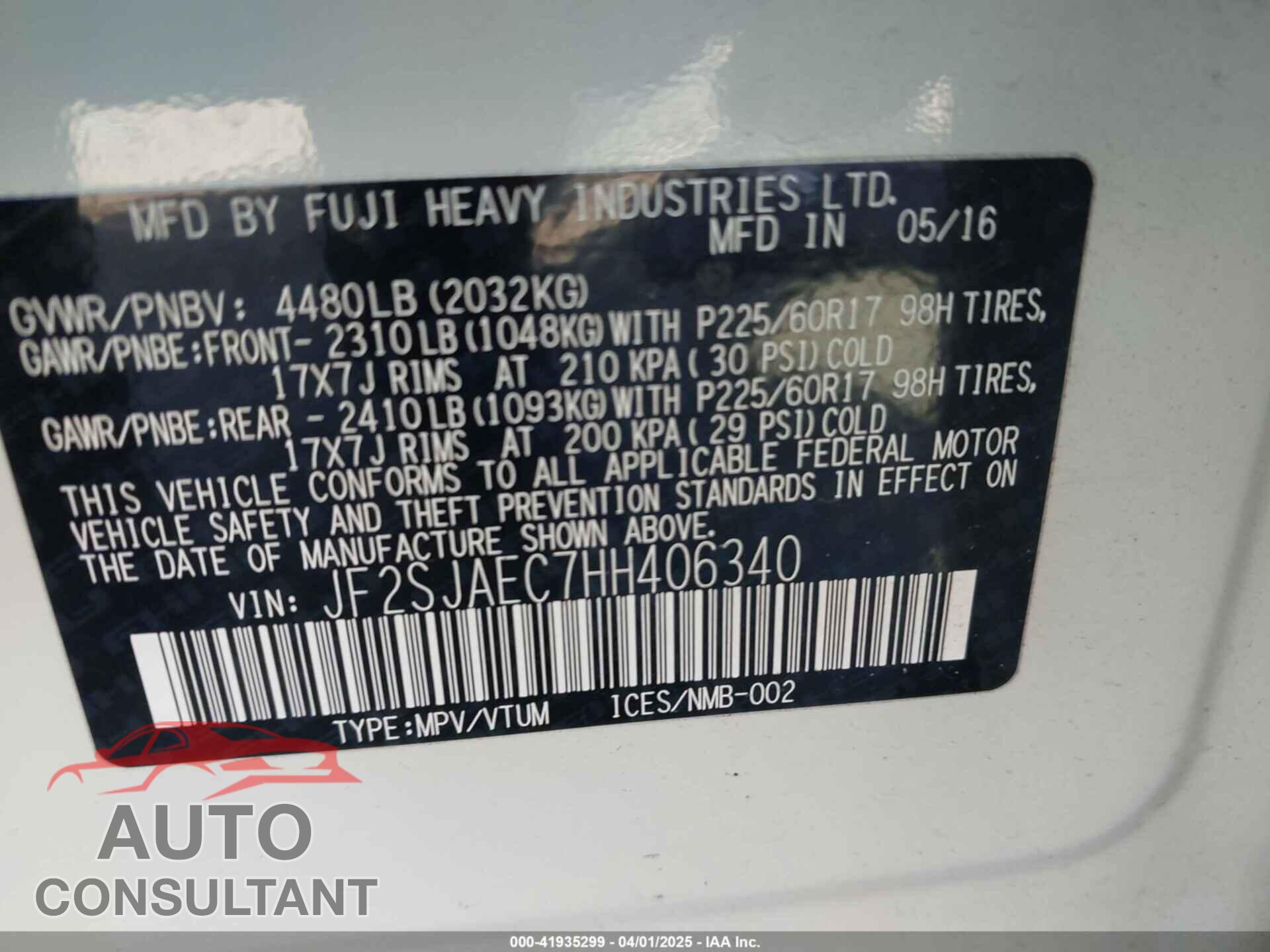 SUBARU FORESTER 2017 - JF2SJAEC7HH406340