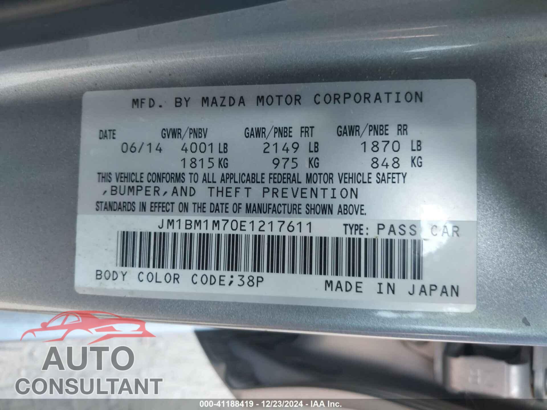 MAZDA MAZDA3 2014 - JM1BM1M70E1217611