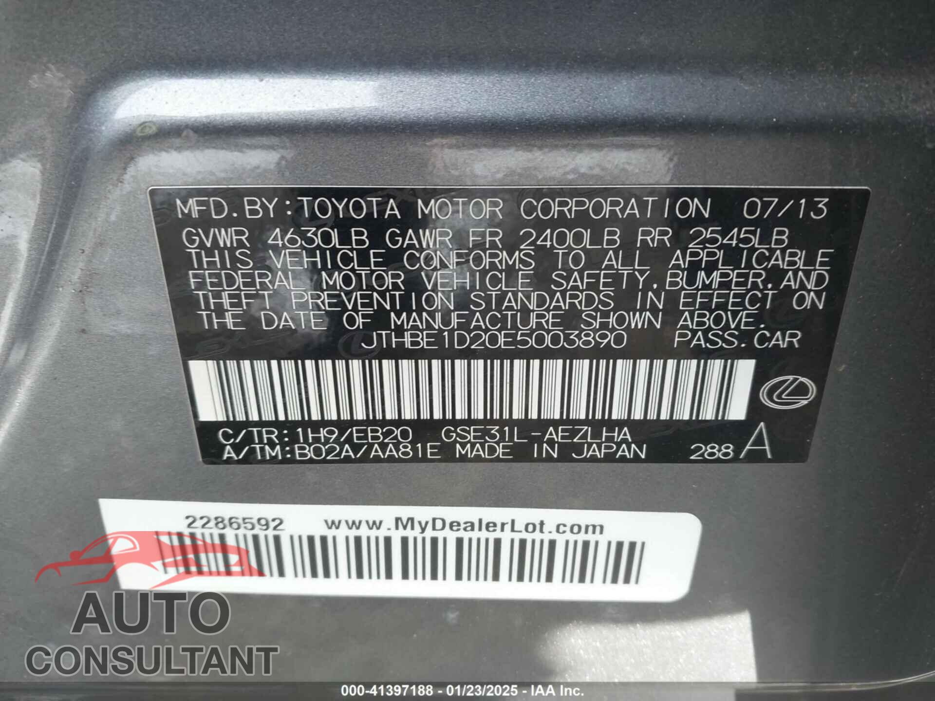 LEXUS IS 350 2014 - JTHBE1D20E5003890