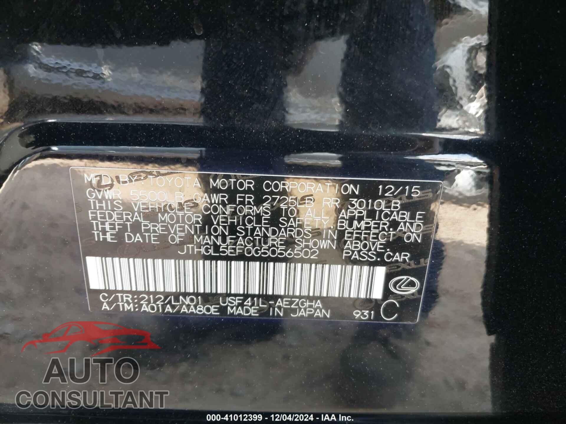 LEXUS LS 460 2016 - JTHGL5EF0G5056502