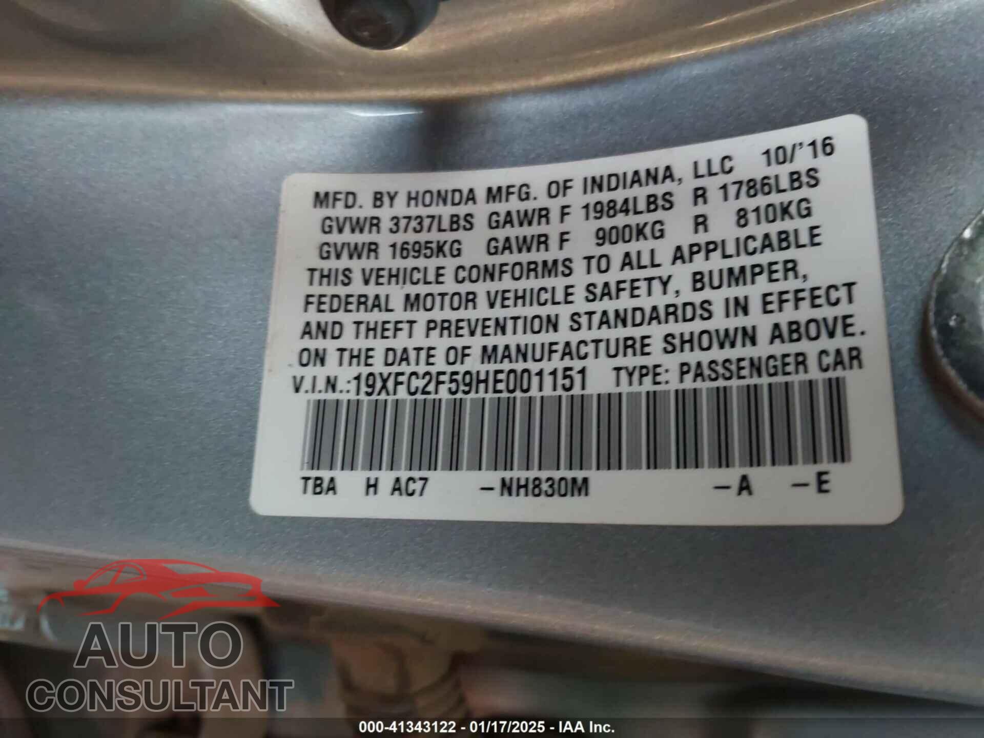 HONDA CIVIC 2017 - 19XFC2F59HE001151